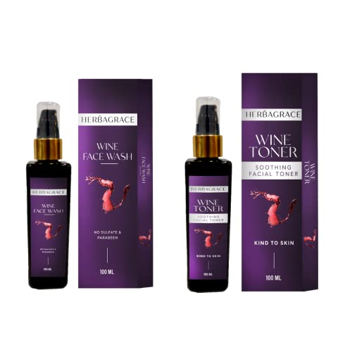 Herba Grace Wine Face Spray Toner & Brightening Face Wash Combo - 100ml Each | Parabens & Sulphates Free | Open Pores Treatment & Skin Tightening | Perfect for Daily Skincare Routine & Travel Essentials