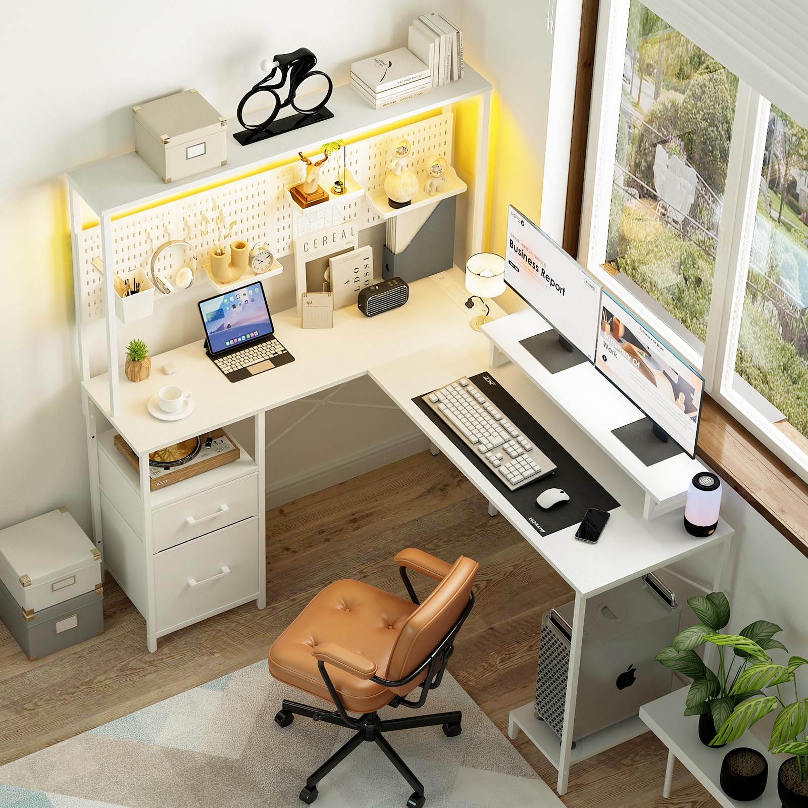 Yoobure L-Shaped Gaming Desk with LED Lights, Power Outlets & Pegboard - Reversible Corner Computer Desk with Drawers, Storage Shelves & Monitor Stand - Perfect for Home Office, Gaming Setup & Workspace Organization