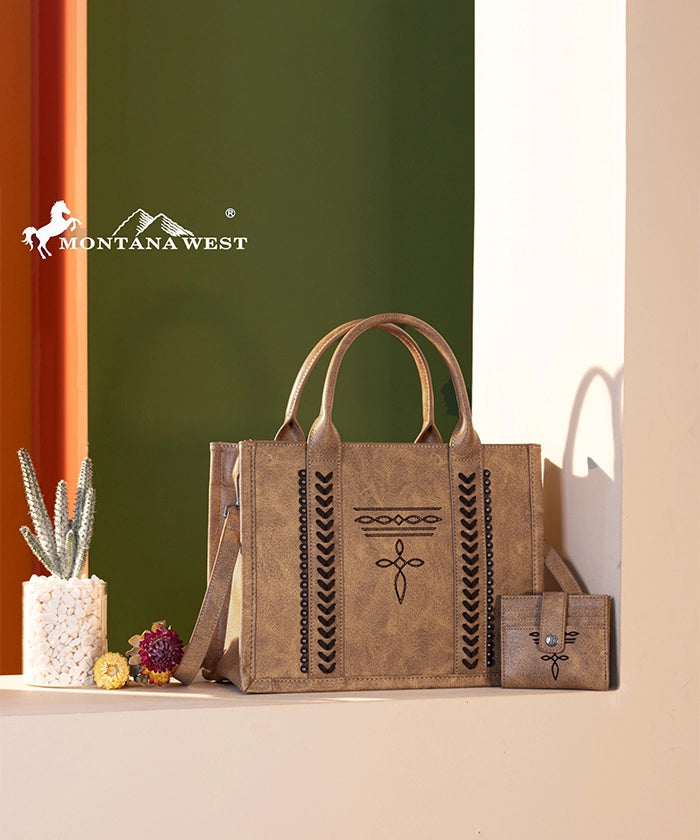 Montana West Whipstitch Tote Bag Set - Stylish Leather Handbag for Women, Spacious Work & Travel Tote with Matching Wallet - Perfect for Office, Commute & Weekend Getaways