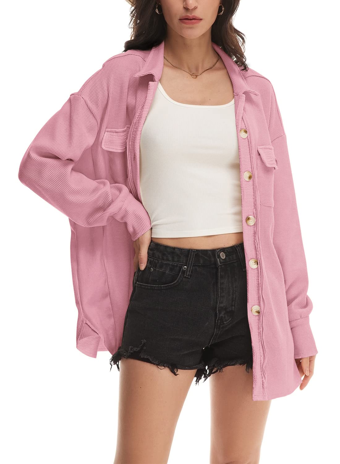 Nirovien Women's Waffle Knit Shacket - Oversized Button Down Shirt Jacket, Lightweight Spring Cardigan for Casual Wear & Layering Outfits