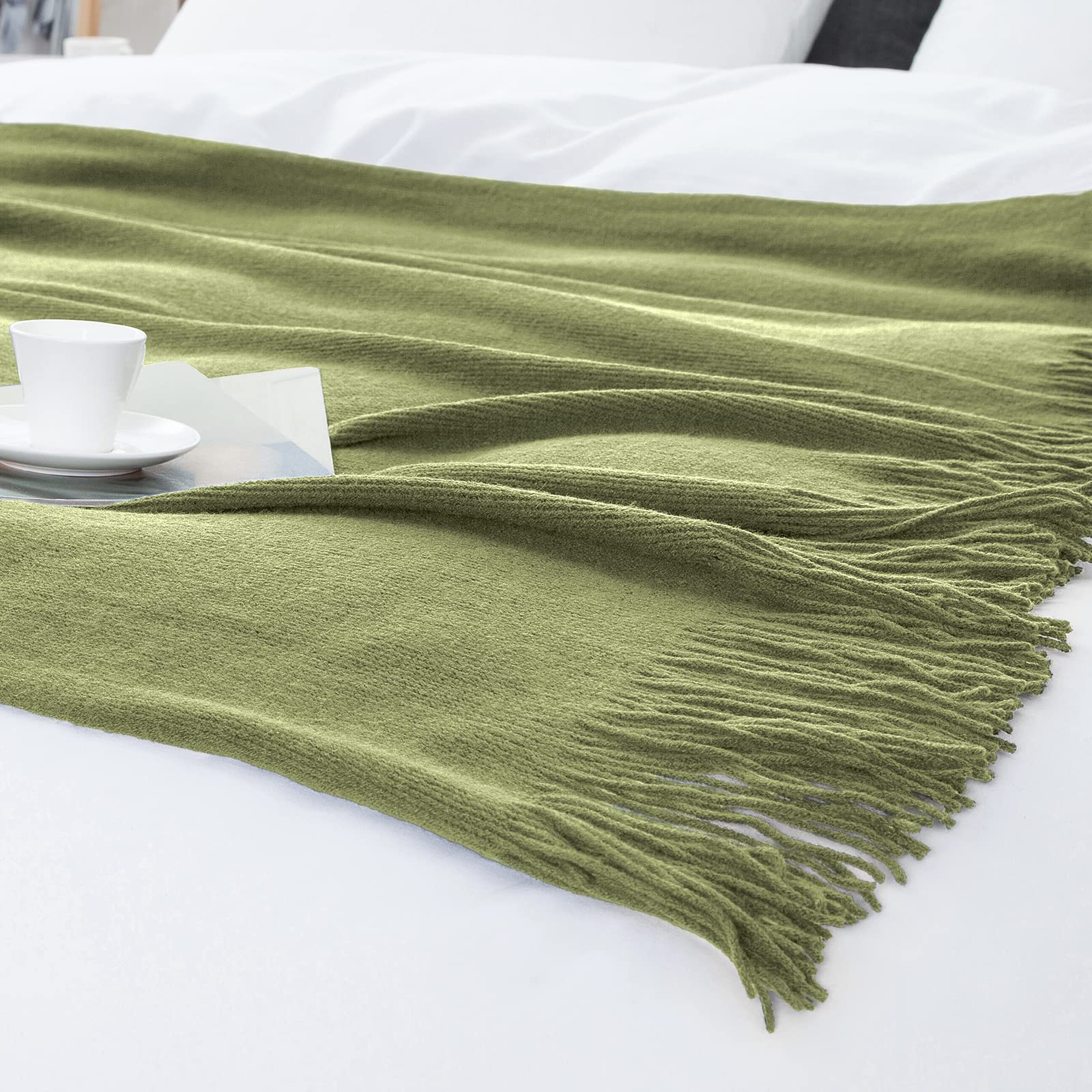 Vonty Olive Green Knitted Blanket with Tassels Fringe 50