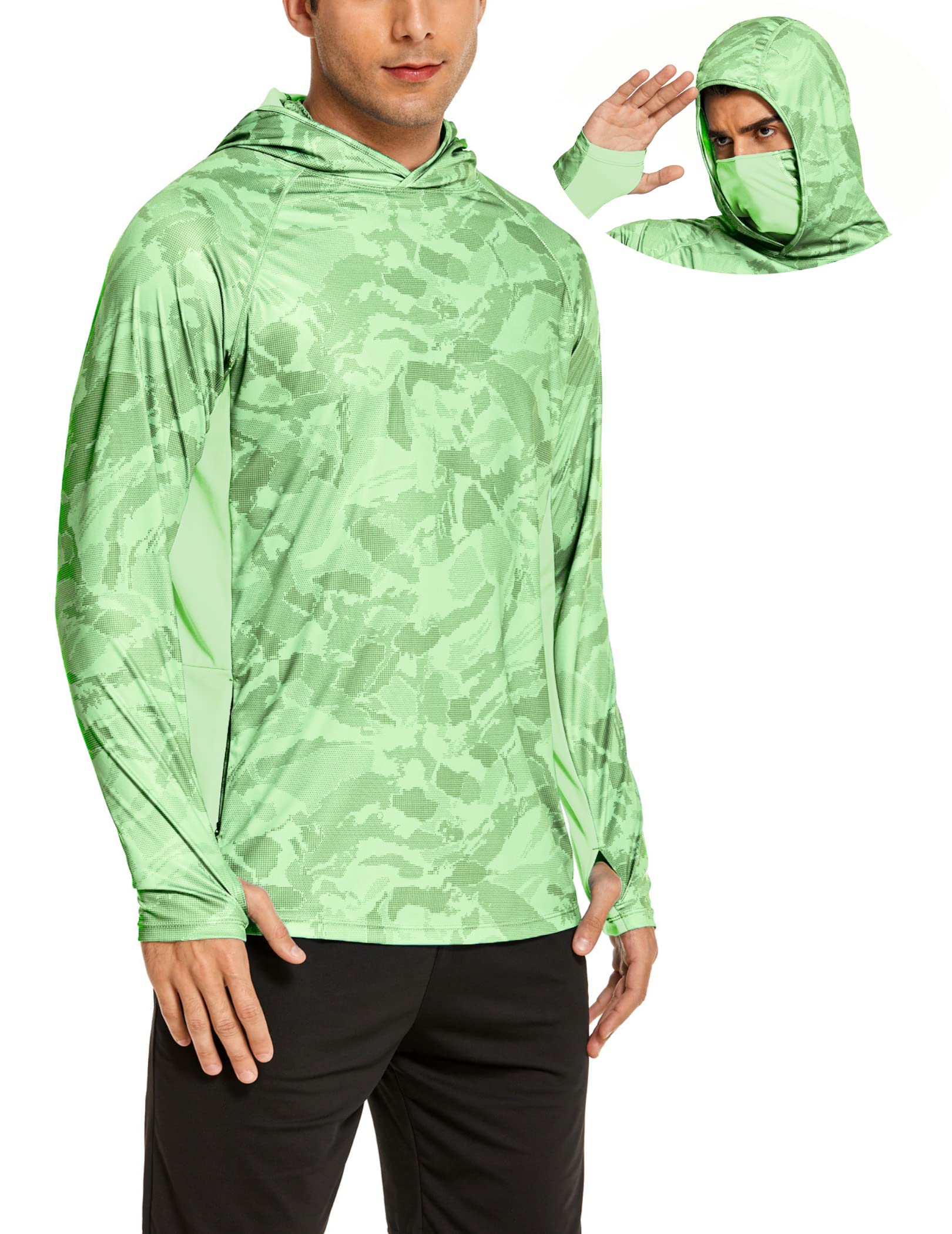 COOrun UPF 50+ UV Protection Fishing Shirt for Men - Long Sleeve Rash Guard Hoodie with Mask & Cooling Technology - Perfect for Outdoor Activities, Fishing, Hiking, and Beach Sports