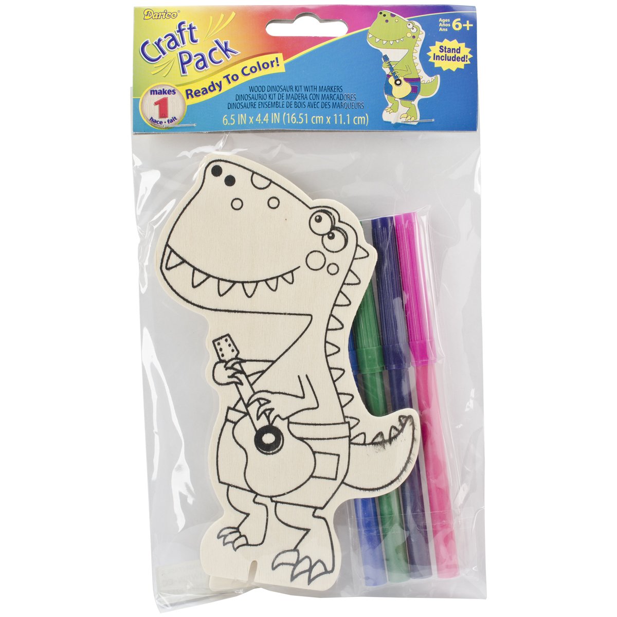 Darice Wooden Dinosaur Craft Kit with 12 Color Markers - DIY Wood Painting Project for Kids, Creative Arts & Crafts Gift for Birthday Party, Classroom Activity, Home Decor