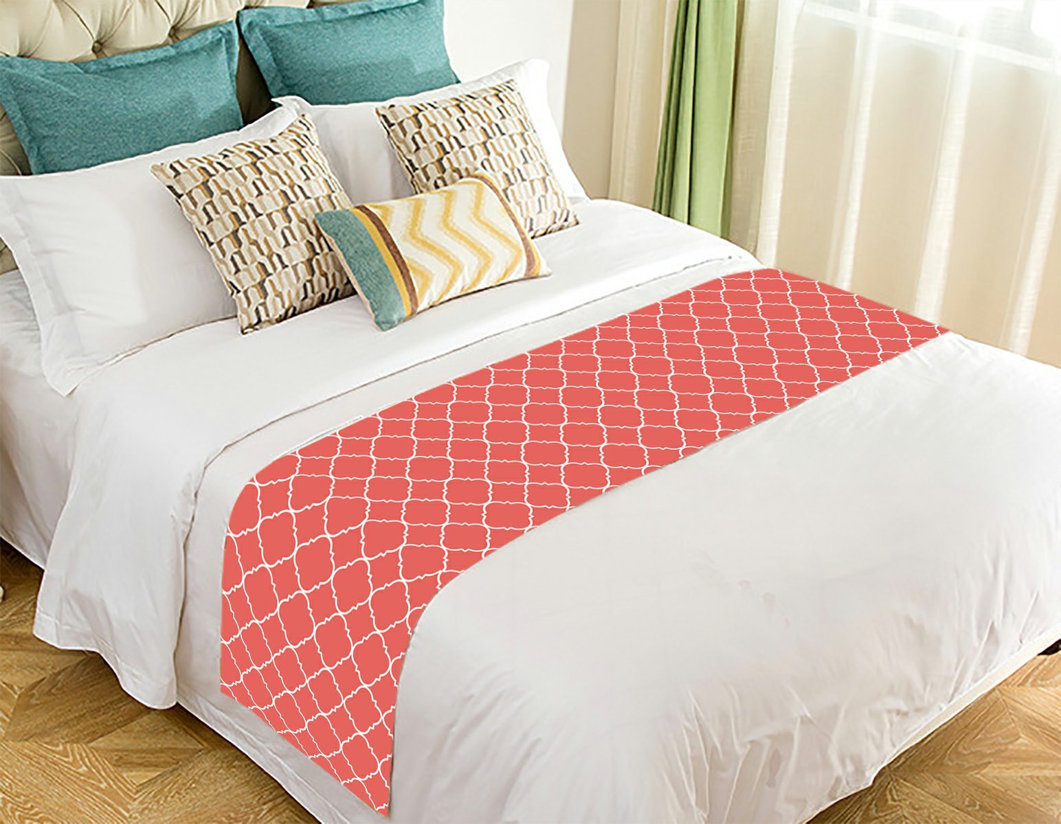 NNBZ Custom Coral Quatrefoil Bed Runner - 100% Cotton Decorative Bed Scarf 20x95 Inches - Perfect for Queen & King Size Beds, Wedding Decor & Home Styling