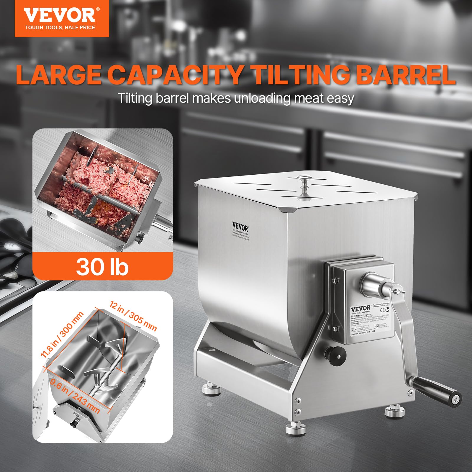 VEVOR 30LB Stainless Steel Manual Meat Mixer - Tilt Tank Sausage & Ground Beef Mixer with Lid & Handle - Commercial & Home Meat Processing Equipment for Sausage Making, Burger Prep & Food Processing