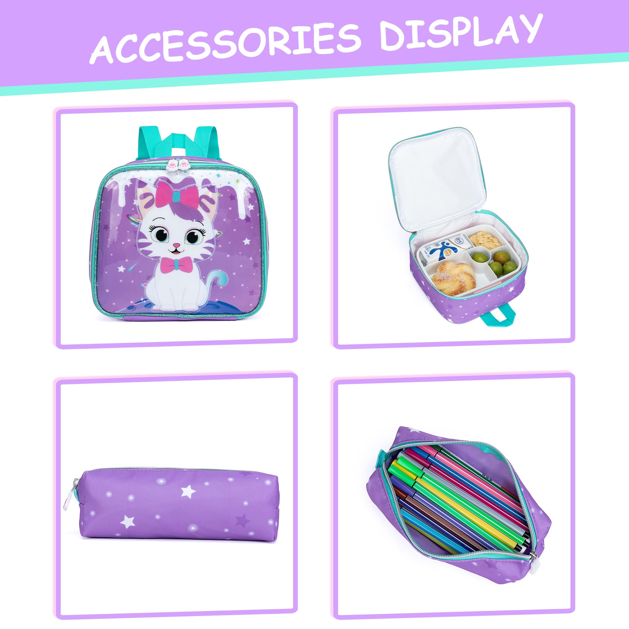 Cute Cat Backpack for Girls - Lightweight School Backpack with Lunch Box Compartment | Durable Kids Bookbag for Elementary, Middle School & Travel | Perfect for School Supplies, Day Trips & Outdoor Adventures