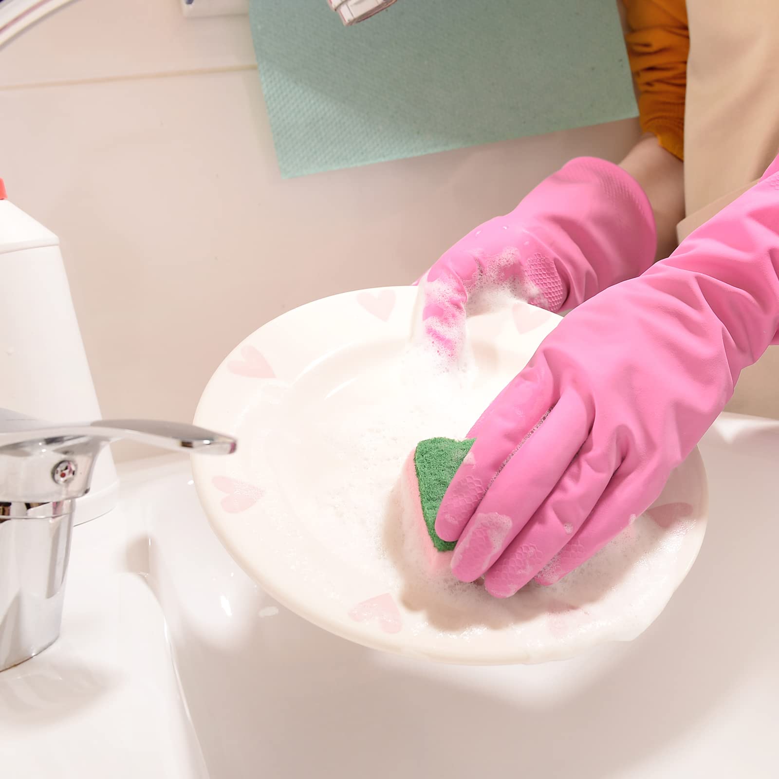 **Reusable Rubber Dishwashing Gloves - 4 Pairs Colorful Household Cleaning Gloves for Washing Dishes, Kitchen & Bathroom Cleaning - Non-Slip, Durable & Flexible (Small, Blue, Pink, Yellow, Orange) - Perfect for Dishwashing, Mopping & Heavy-Duty Cleaning**