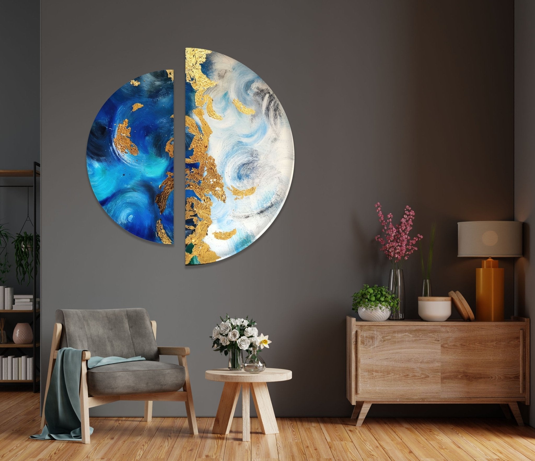 2 Piece Blue and Gold Abstract Glass Wall Art Set - Modern Home Decor for Living Room, Bedroom, or Office