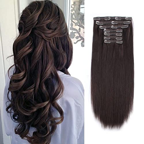 Lovrio 22 Inch Clip-in Human Hair Extensions - Double Weft Dark Brown (10 Pieces, 21 Clips) | 100% Remy Soft Straight Human Hair for Women | Perfect for Volume, Length & Styling | Great for Parties, Weddings & Daily Wear