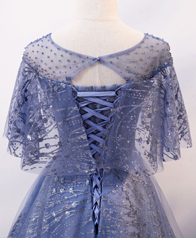 Elegant Blue Tulle Lace Long Prom Dress with Round Neckline - Perfect for Evening Gowns, Formal Dances, and Special Occasions