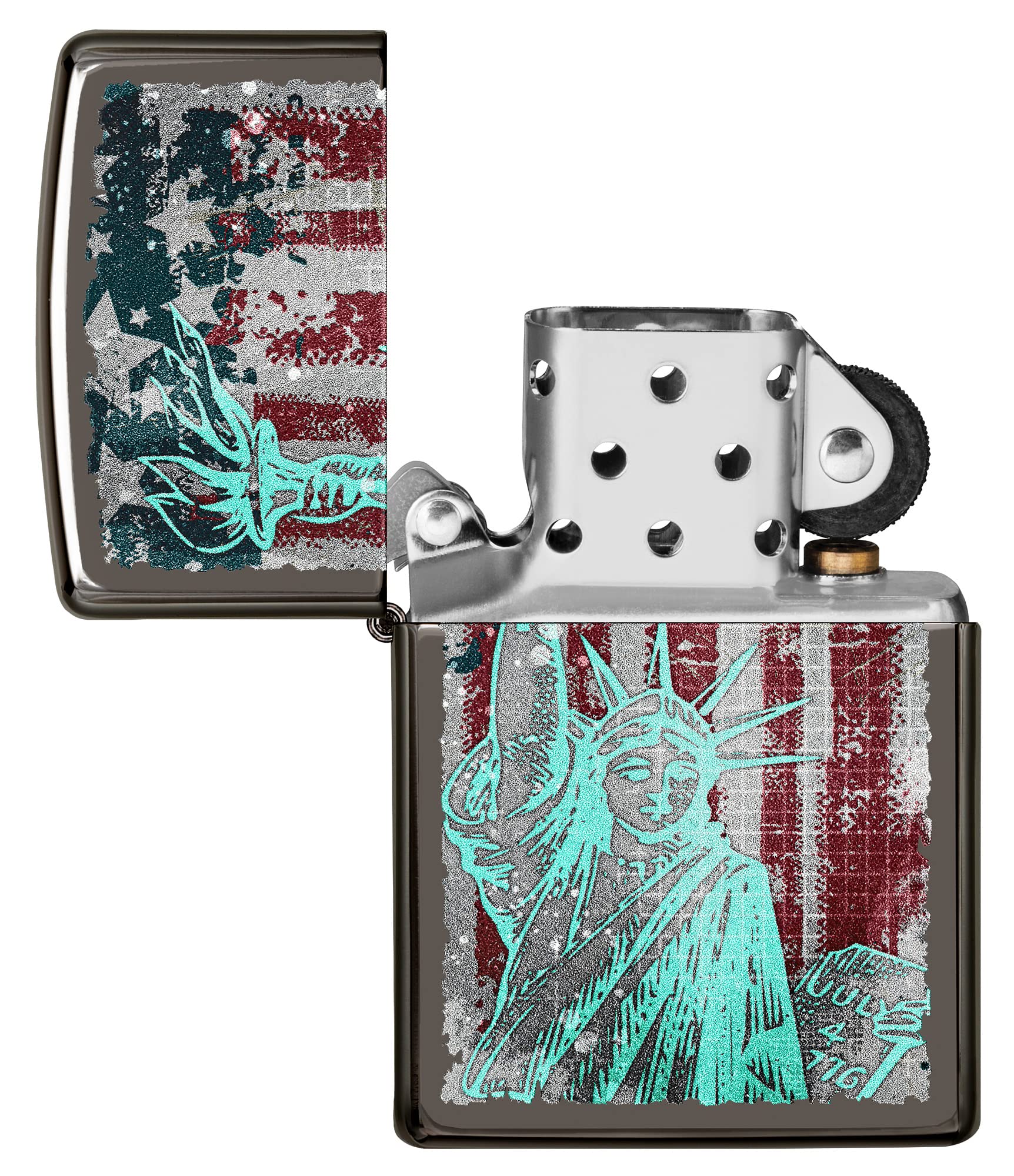 Zippo Statue of Liberty Black Ice Windproof Lighter - Patriotic Collectible Pocket Lighter for Outdoor Camping, Hiking & Everyday Carry (USA Flag Design)