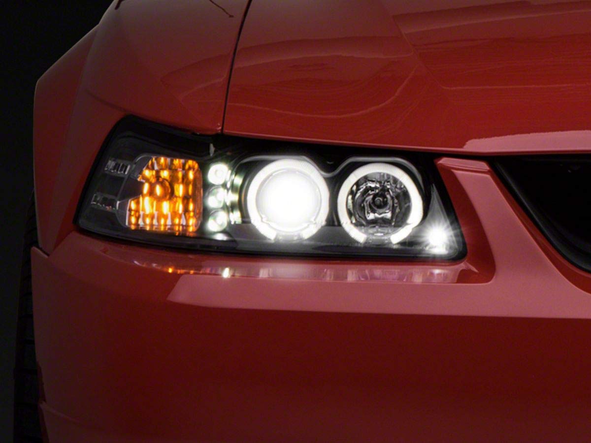 Black Axial LED Halo Projector Headlights for 1999-2004 Ford Mustang - High Performance Lighting Upgrade for Night Driving & Custom Car Styling