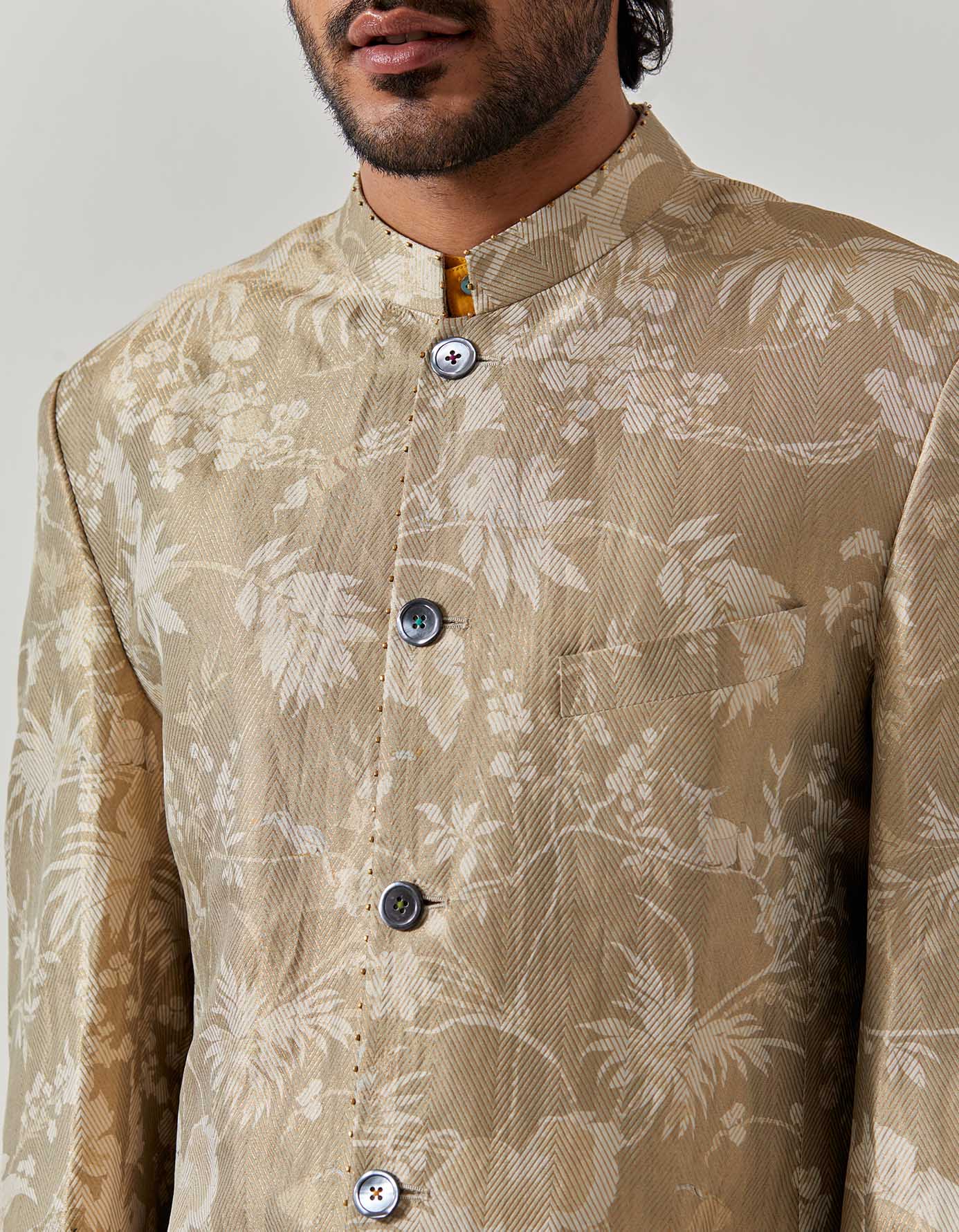 Elegant Bandhgala Silk Brocade Jacket in Oyster Grey - Perfect for Weddings, Festivals & Formal Events | Traditional Indian Menswear