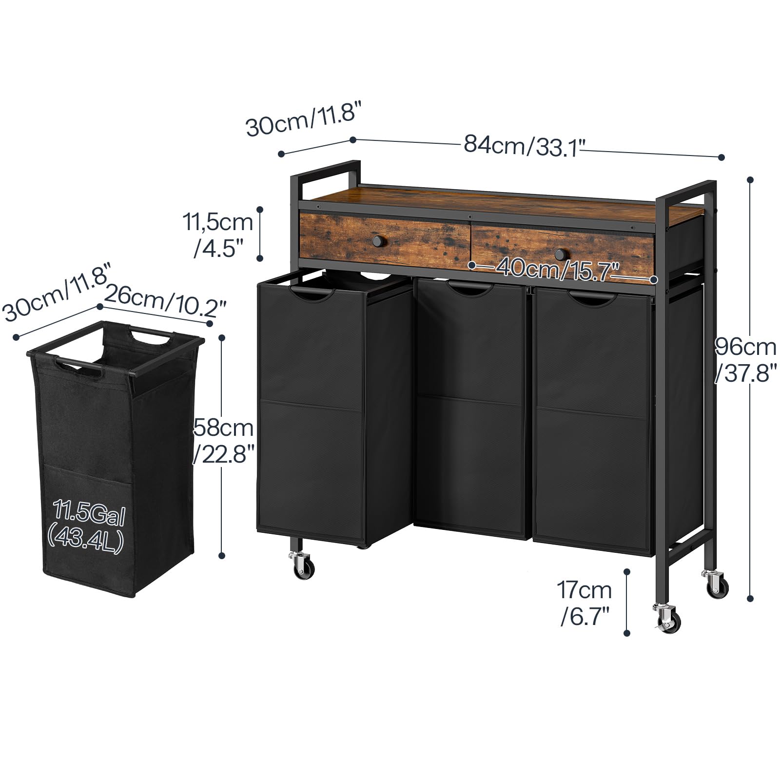 HOOBRO 3-Section Laundry Sorter Hamper with 2 Drawers & Removable Bags, 130L Rolling Laundry Basket for Bedroom, Bathroom, and Laundry Room Organization - Rustic Brown & Black (Model BF78XY01) | Perfect for Small Spaces, Apartments, and Home Organization