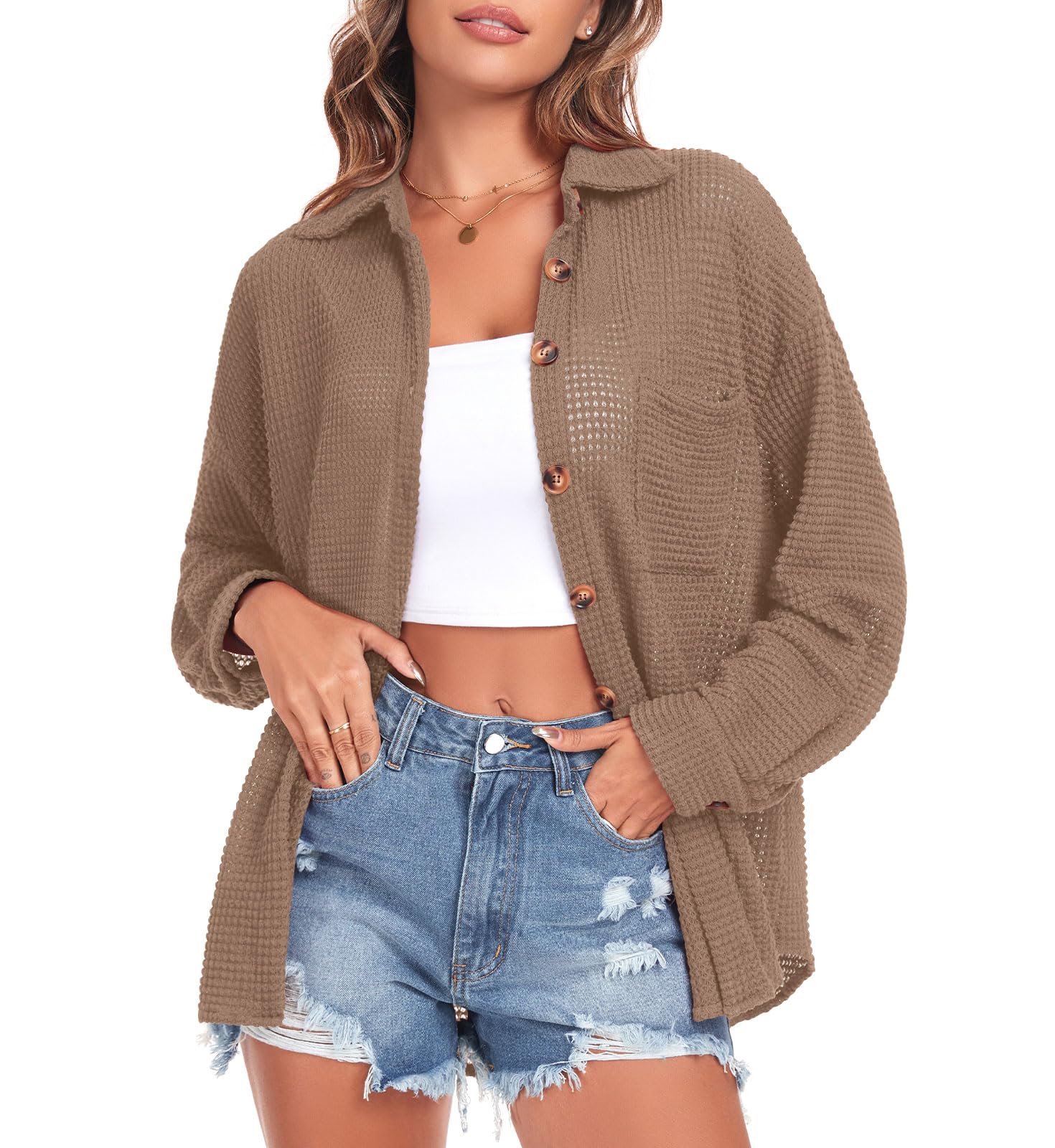 Anyhold Women's Waffle Knit Shacket Jacket - Plus Size Button Down Shirt with Long Sleeves for Fall | Casual & Dressy Tops for Work, Date Night & Everyday Wear