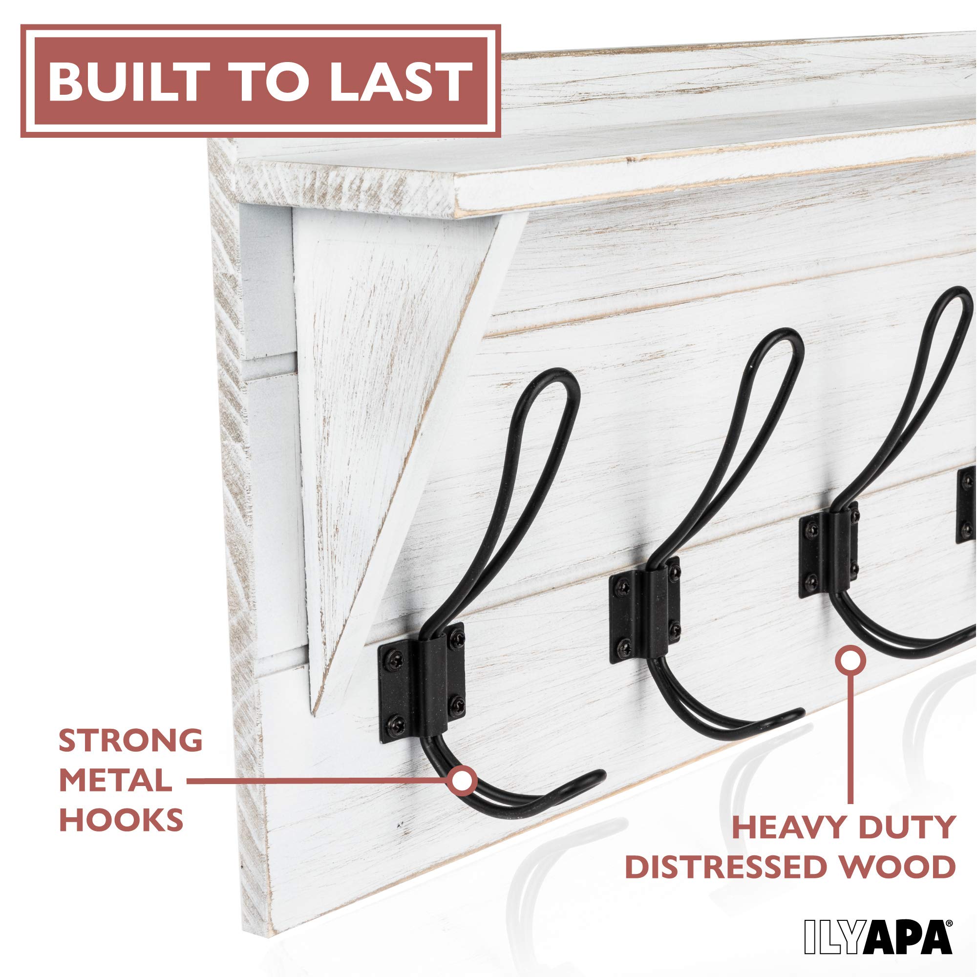 Ilyapa White Coat Rack Wall Mount with Shelf - Wooden Wall Mounted Coat Hanger with 5 Metal Hooks - Perfect for Hats, Jackets, Kitchen Towels & Bedroom Organization - Weathered White Finish - Ideal for Entryway, Mudroom, Bathroom & Home Decor