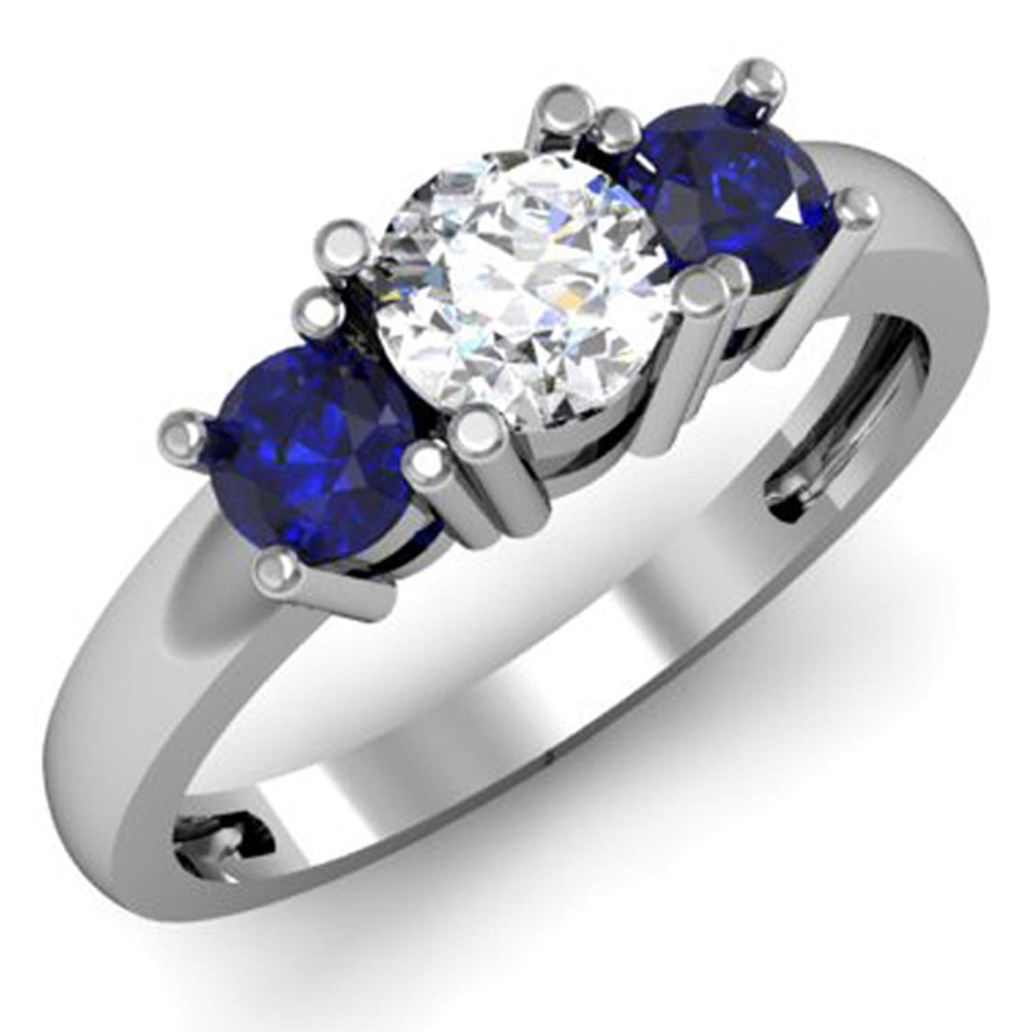 Dazzlingrock Collection 14K Solid White Gold Round White Diamond & Blue Sapphire Women's 3 Stone Engagement Ring - Perfect for Proposals, Anniversaries & Special Occasions