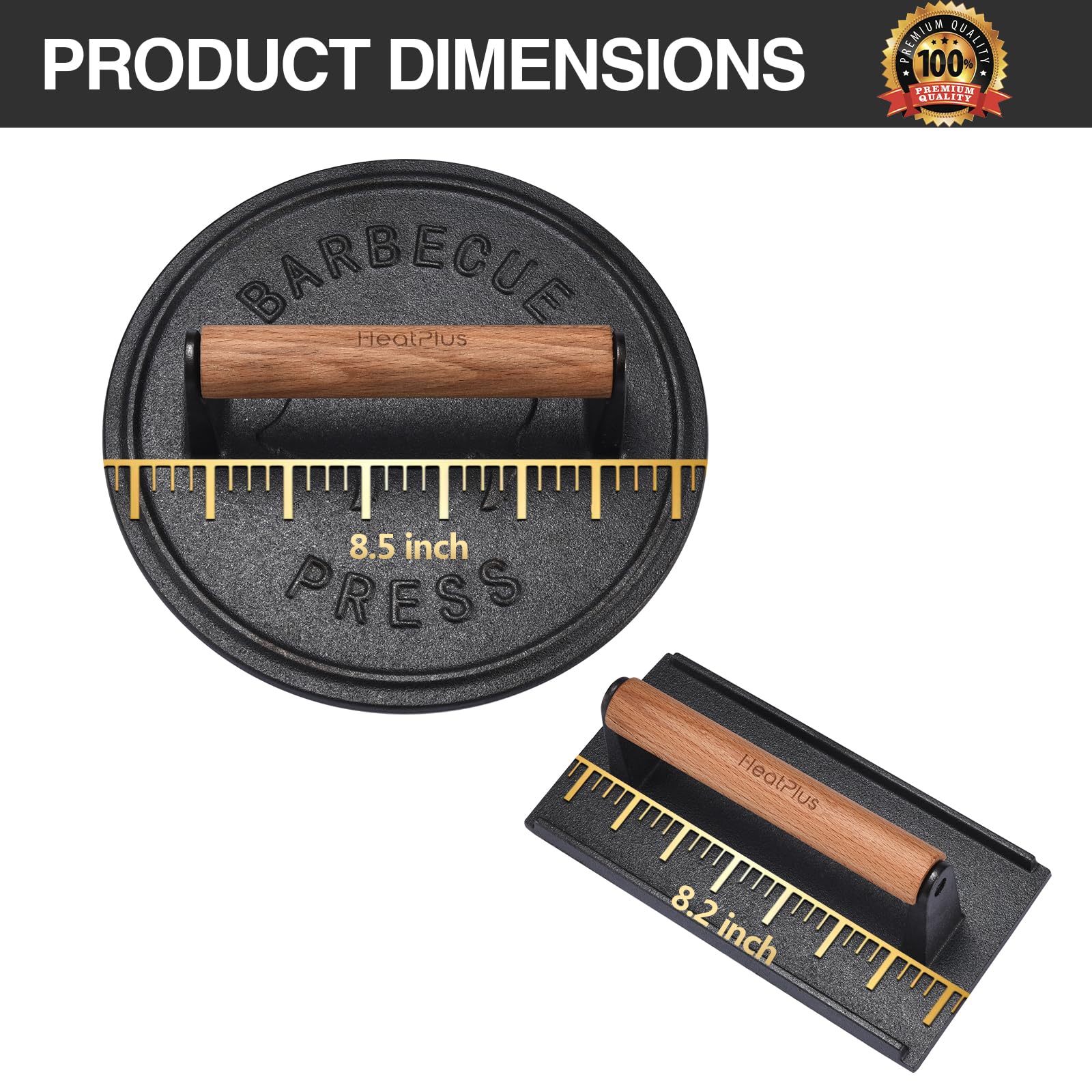 Heavy-Duty 8.5 Inch Cast Iron Burger Press & 8.2 Inch Rectangle Grill Press Set - 3lbs Smash Bacon Press & 2lbs Sandwich Press for Hamburgers, Panini, Steak - Food-Grade with Wood Handle - Perfect for BBQ, Grilling & Home Cooking