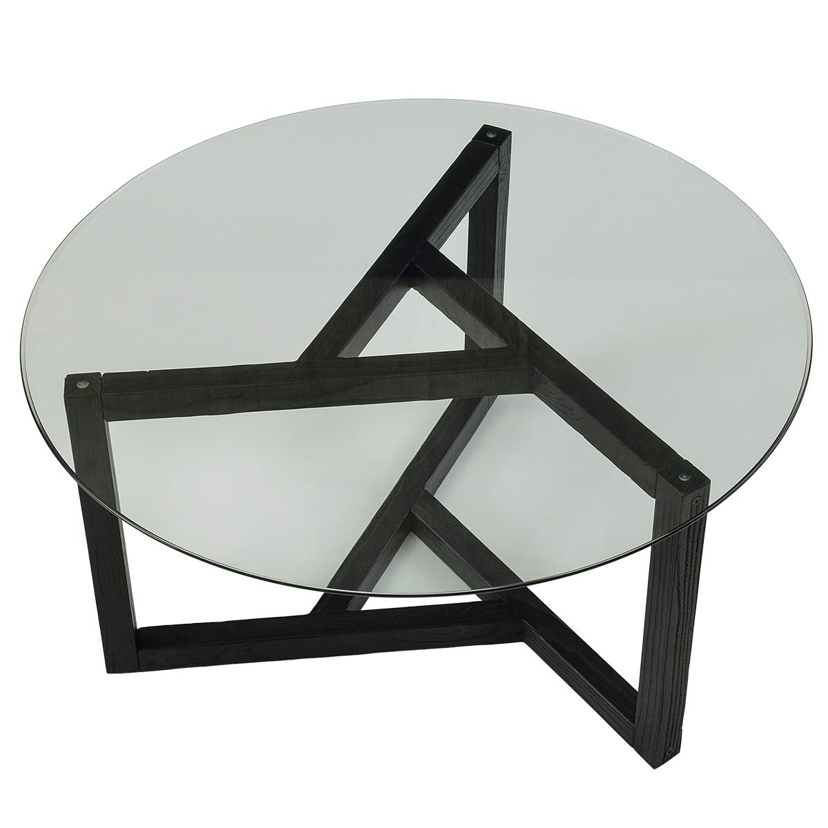 Modern Round Glass Coffee Table with Tempered Glass Top & Sturdy Wood Base - Easy Assembly Espresso Finish - Perfect for Living Room, Lounge, or Office Decor