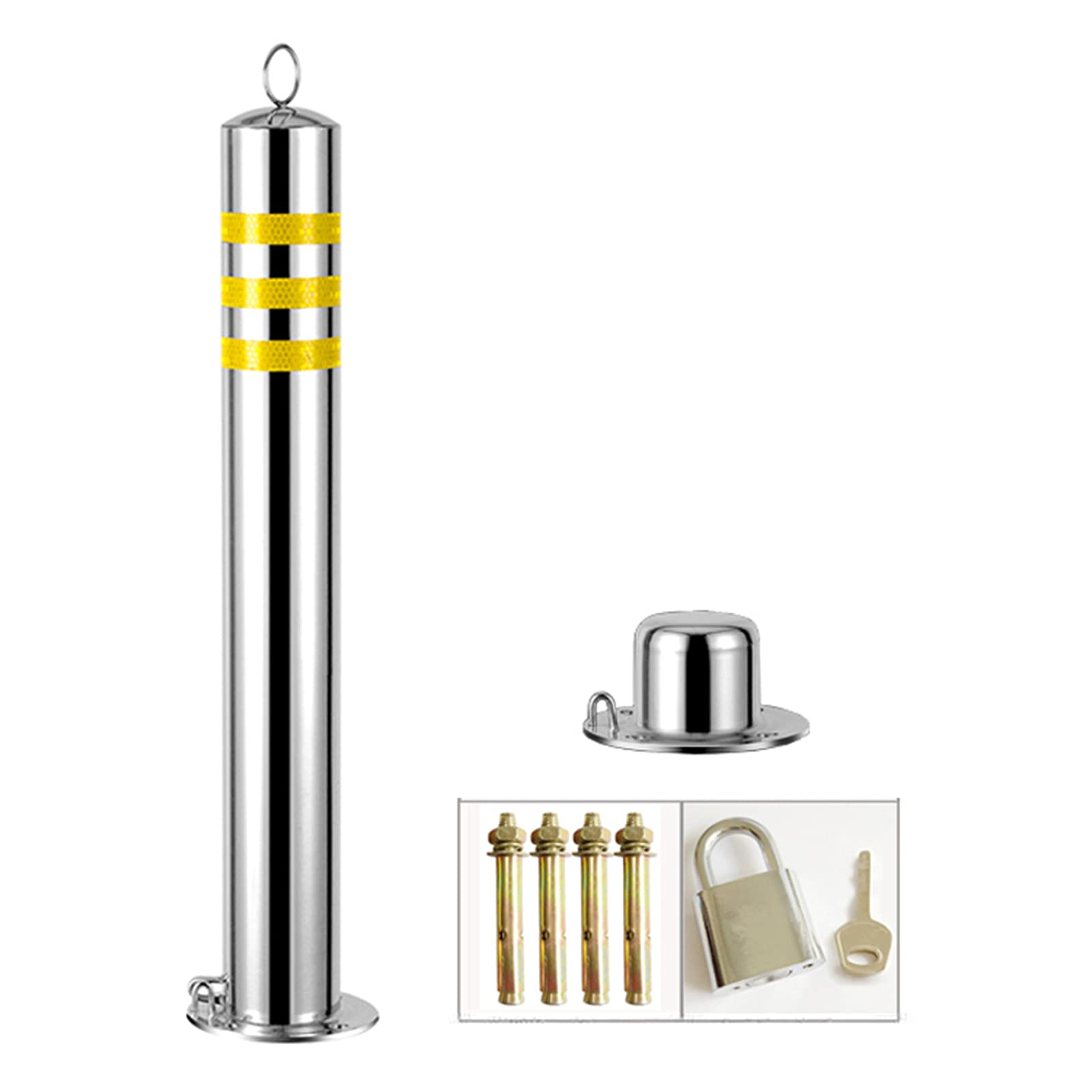Heavy Duty Stainless Steel Parking Posts with Reflective Strips - 650×76mm (25.5×3in) Silver - Commercial & Private Use Parking Poles for Driveways, Garages, and Street Safety