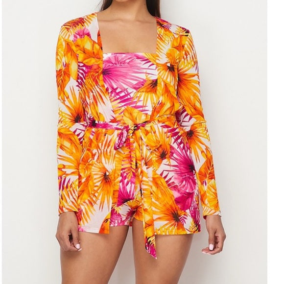 Stylish Tropical Orange & Pink Romper Set for Women - Summer Beach Outfit, Vacation Wear, Casual Party Dress