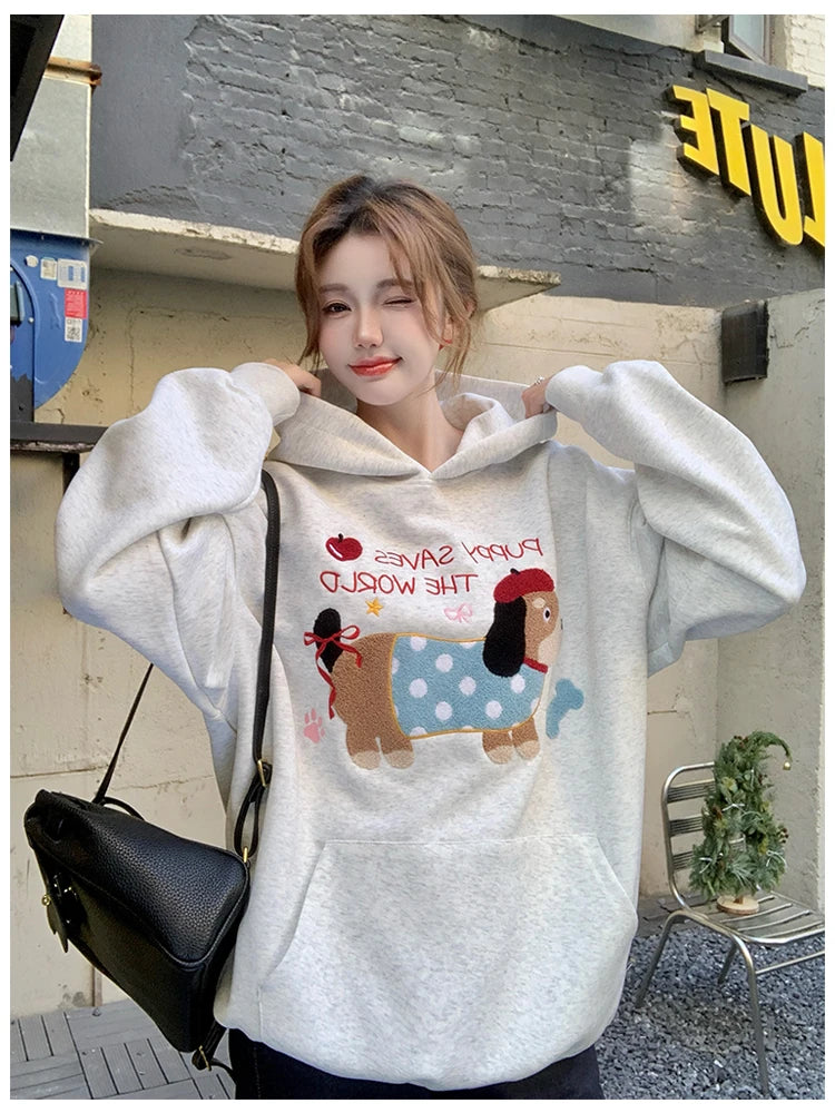 Korean Women's Grey Letter Puppy Embroidery Velvet Sweatshirt - Thick Winter Hoodie with Long Sleeves | Loose Fit Vacation Tops for Casual Wear, Street Fashion & Cozy Outfits