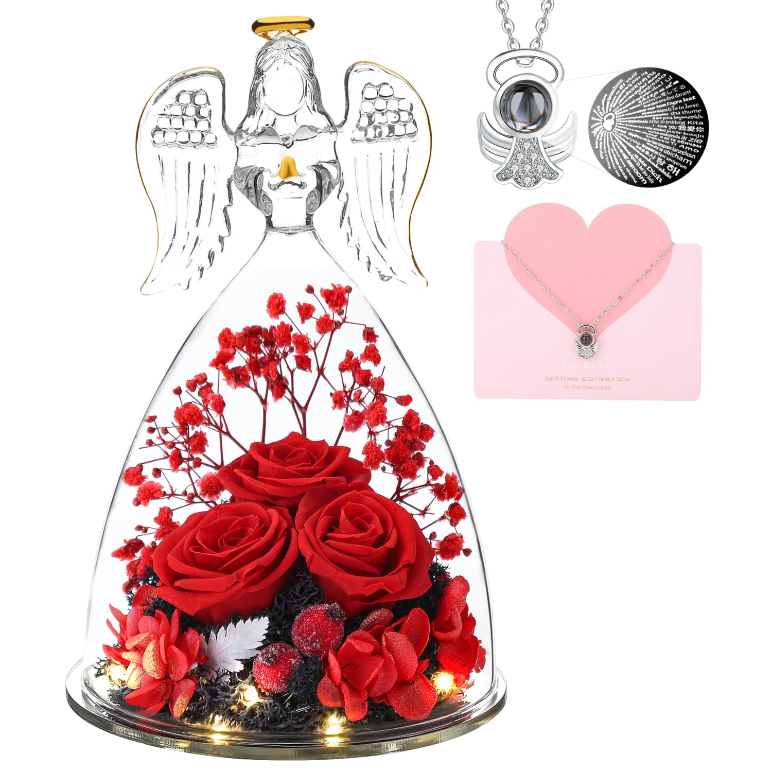 ANWEAO Preserved Rose in Glass Angel Figurine - Eternal Red Rose Gift for Mom, Grandma, Wife, Sister | Mother's Day, Birthday, Anniversary Present | Home Decor, Wedding Centerpiece, Romantic Gift Idea