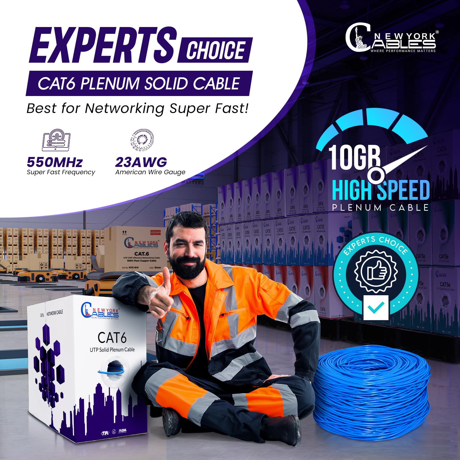 Premium CAT6 Plenum Cable 1000FT (CMP) - 23AWG 4-Pair UTP Ethernet Cable for 10GB & 550MHz High-Speed Networking - Ideal for Office, Data Center, Gaming & Home Theater Installations - Plenum Rated for Safety