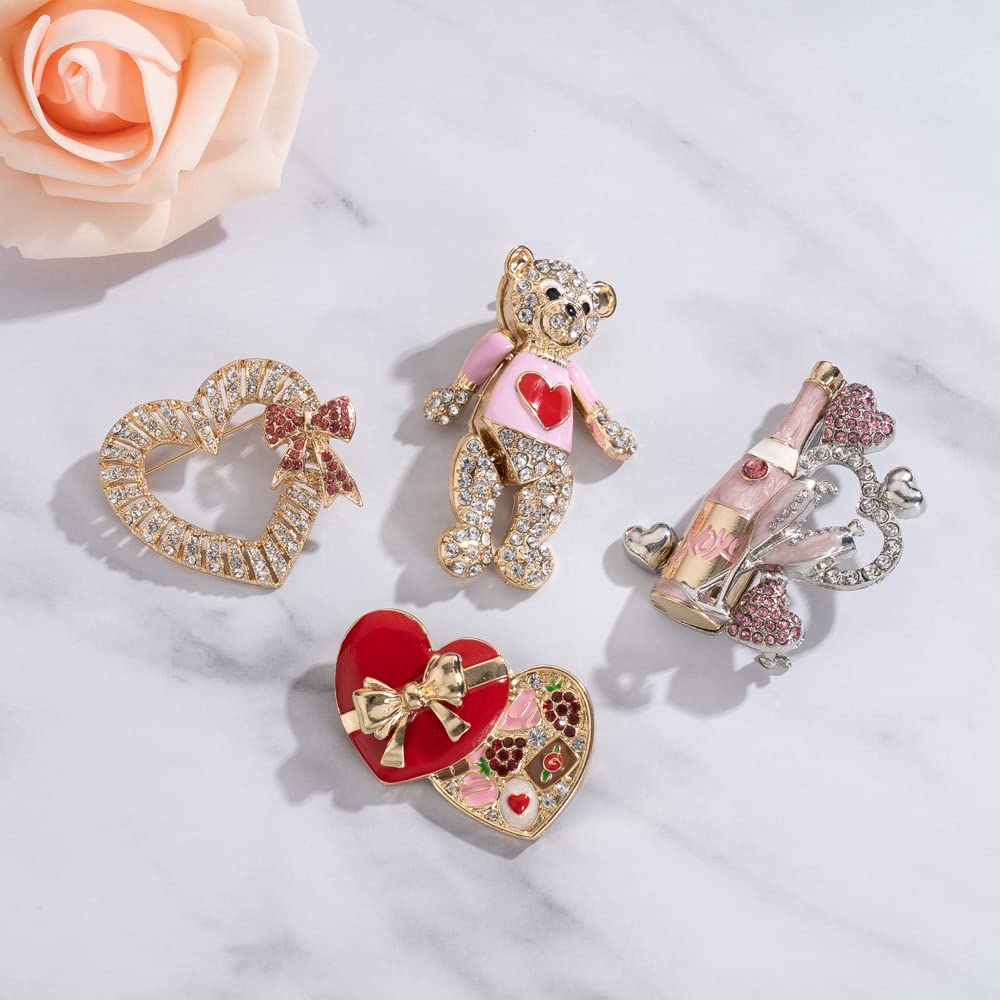 Valentine's Day Heart Brooch Gift Box - Gold Rhinestone Bow Jewelry for Women | Elegant Chocolate Box with Pave Rhinestones | Romantic Couples Gifts for Backpacks & Valentine's Day | Perfect for Anniversaries, Date Nights & Special Occasions