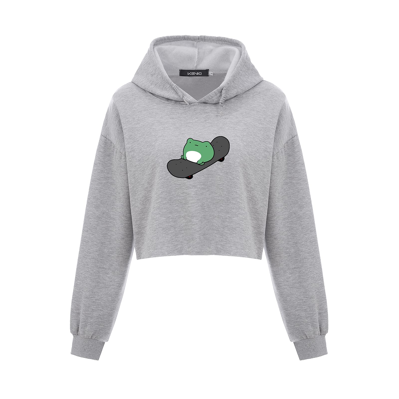 KEEVICI Women's Cute Frog Skateboard Print Cropped Hoodie - Soft Cotton Aesthetic Sweatshirt, Long Sleeve Workout Pullover Top for Casual Wear, Street Fashion & Skateboarding