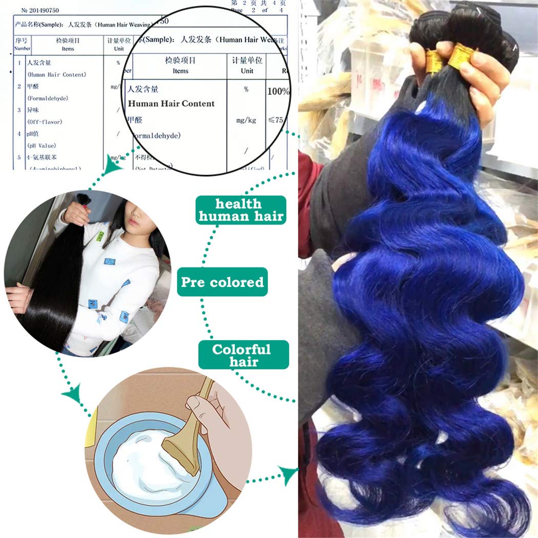 Ombre Hair Bundles 1B/Blue - Brazilian Remy Human Hair Extensions - Body Wave 2-Tone Ombre (16