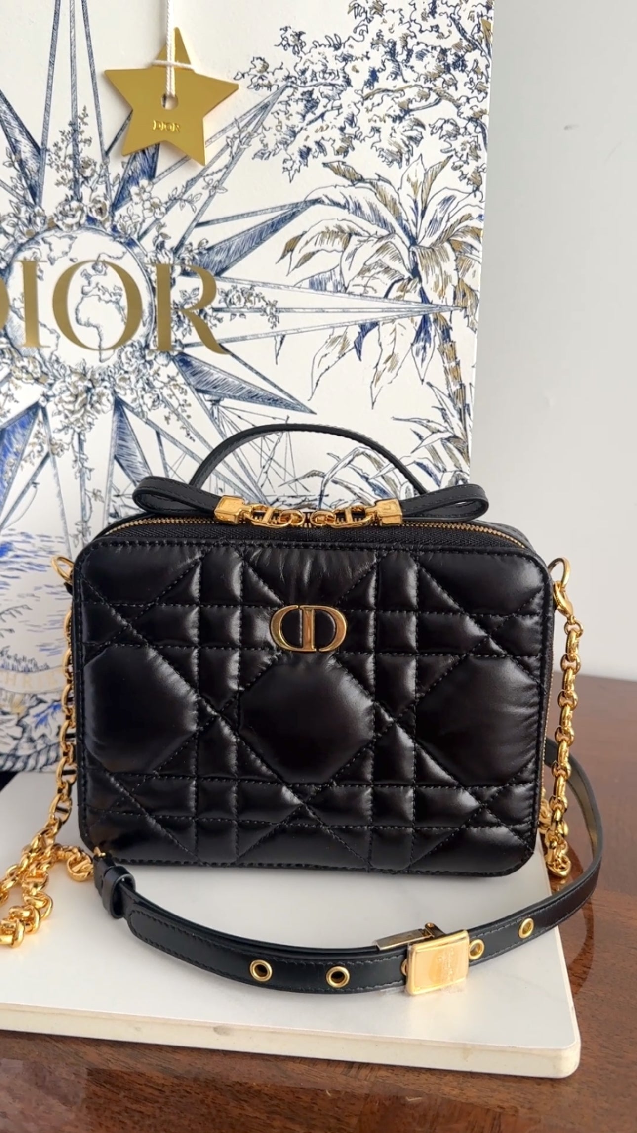Dior Black Calfskin Cannage Box Caro Pouch Crossbody Zip Bag - Luxury Designer Handbag for Women, Perfect for Evening Parties & Date Nights