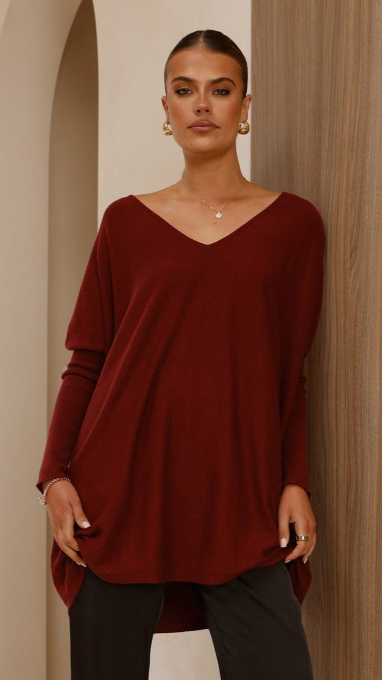 Amalia Knit Top Women's Burgundy V-Neck Long Sleeve Casual Blouse for Work & Everyday Wear