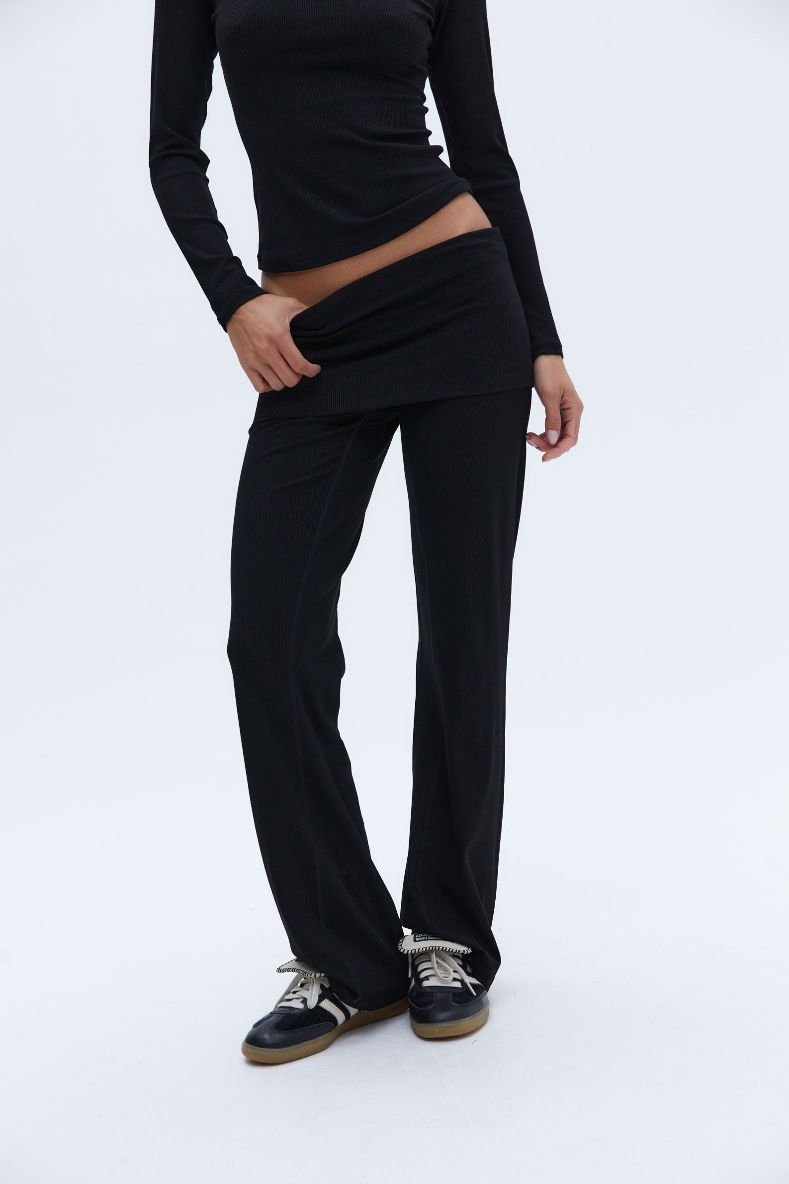 Rib Fold Over Pants for Women - Stretchy High Waist Yoga Lounge Pants in Black | Perfect for Yoga, Workout, and Casual Wear