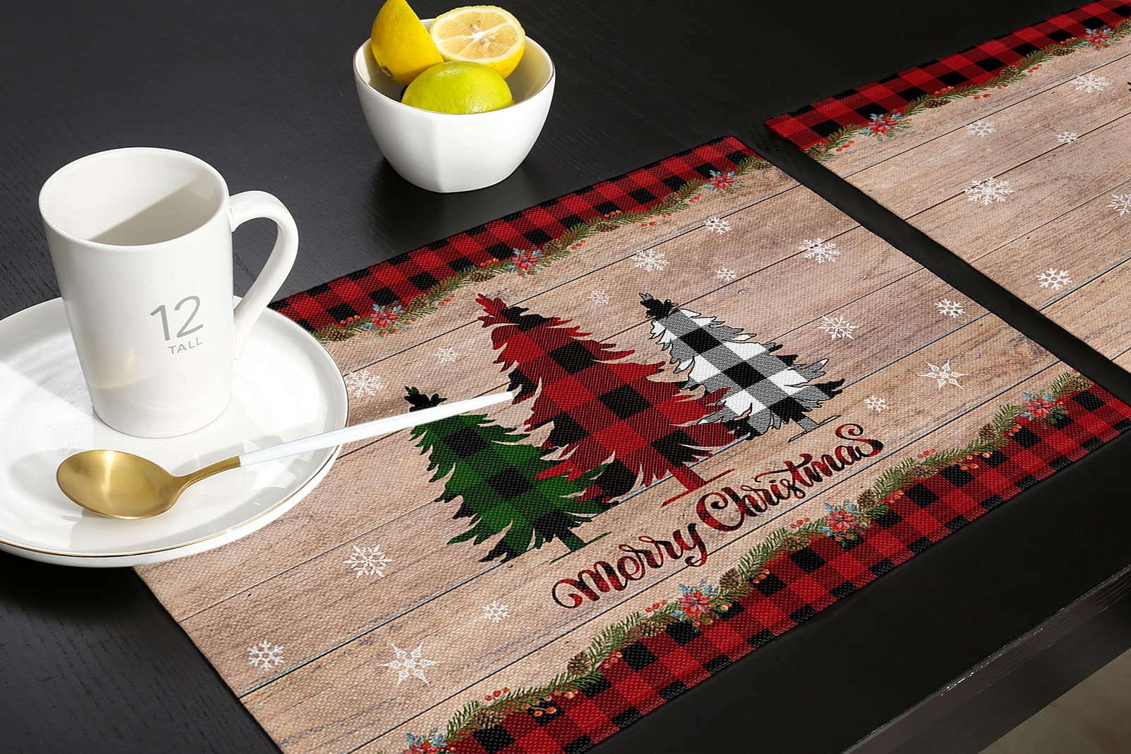 Festive Buffalo Plaid Christmas Tree Placemats - Set of 4, Snowflake Design Thermal Insulated Non-Slip Table Mats for Holiday Dining Decor, Washable Wood Grain Kitchen Table Mats - Perfect for Christmas Dinner, Winter Parties & Cozy Family Gatherings