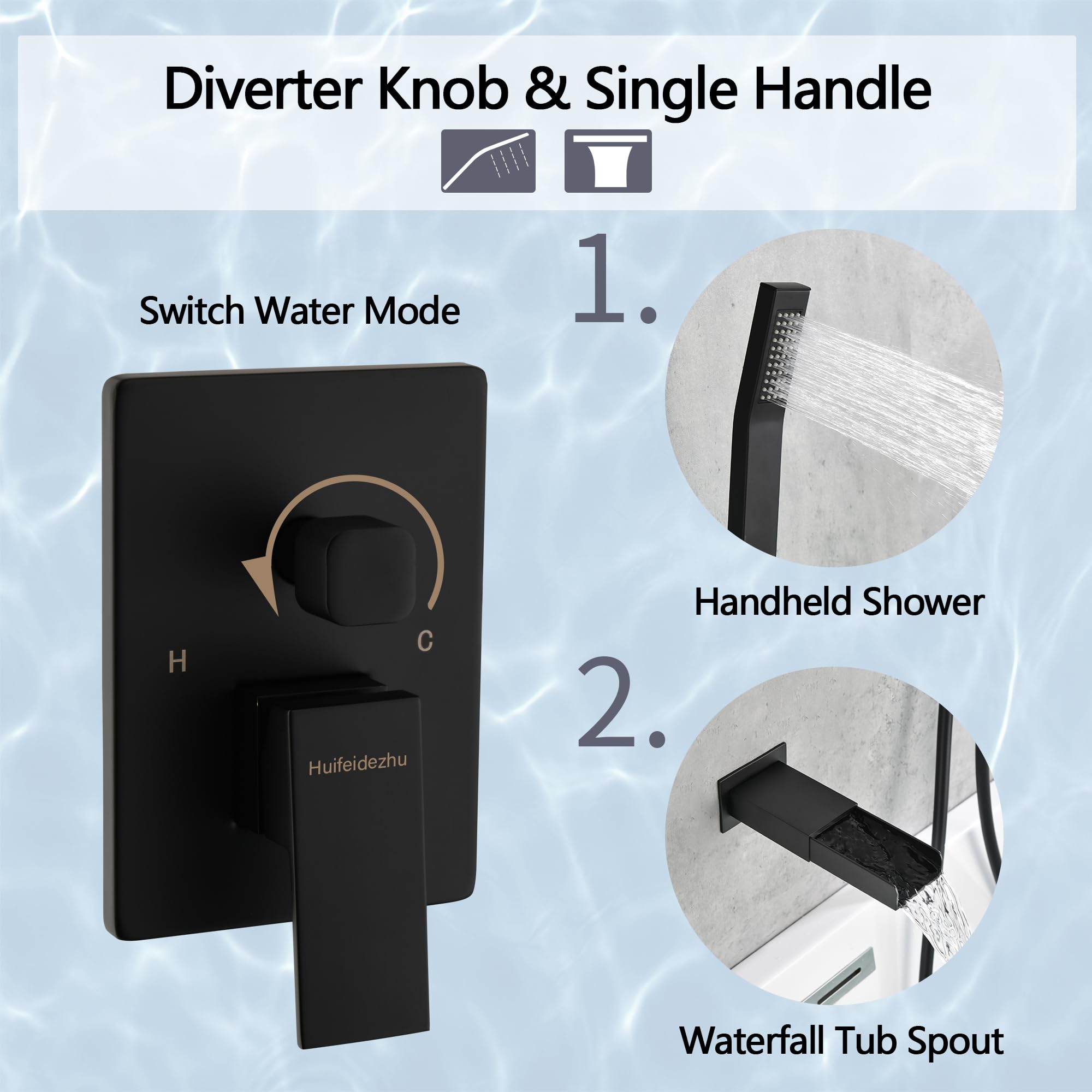 Wall Mount Black Waterfall Bathtub Faucet with Hand Shower Sprayer - Single Handle Brass Tub Filler with Valve for Modern Bathroom Luxury (Perfect for Spa-Like Relaxation and Elegant Bathroom Upgrades)