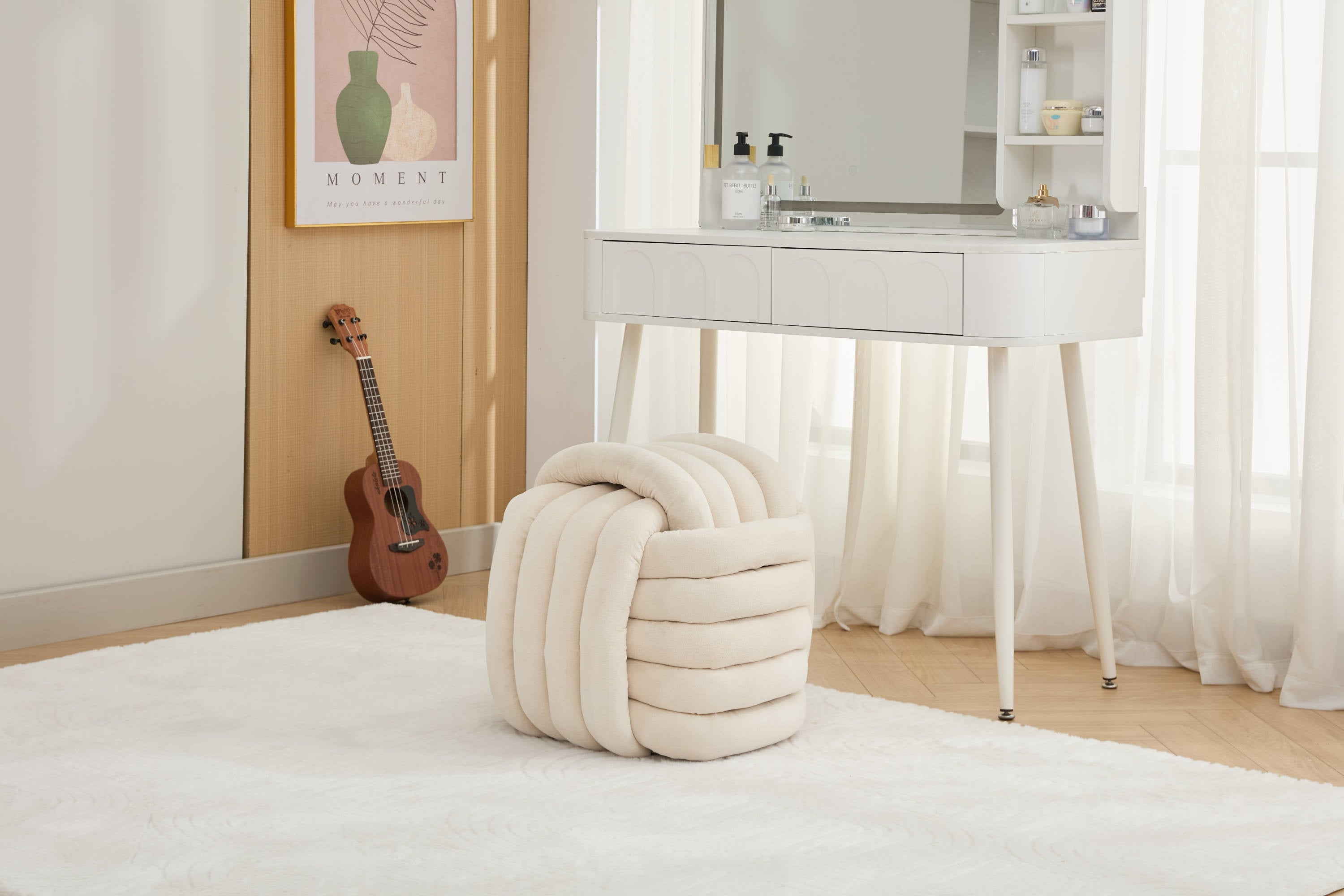 Modern Chenille Fabric Knot Design Ottoman Stool - Comfortable Footrest & Makeup Seat for Living Room, Bedroom - Beige Home Decor Accent | Perfect for Lounging, Vanity & Nursery Use