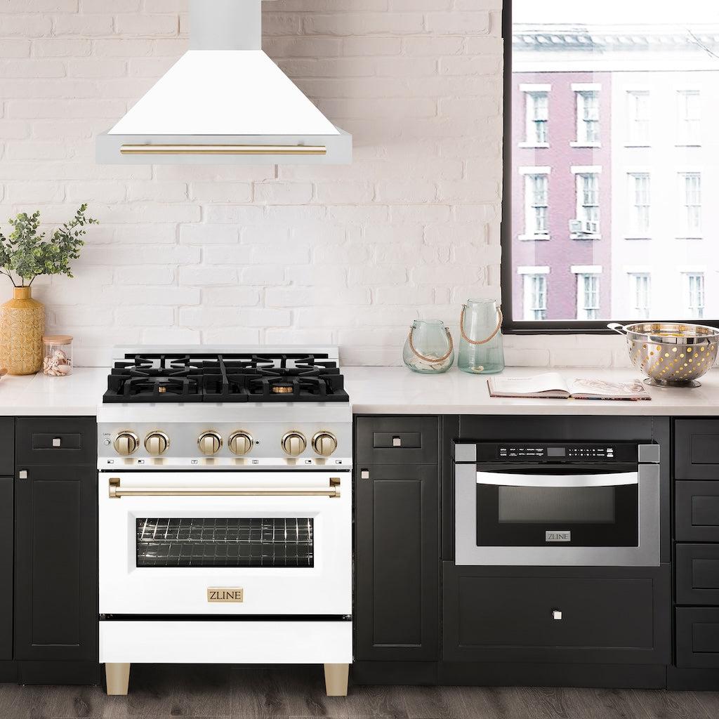 ZLINE KB4STZ WM G Autograph Edition Convertible Stainless Steel Range Hood - White Matte Shell with Polished Gold Accents - Professional Kitchen Ventilation for Modern Homes