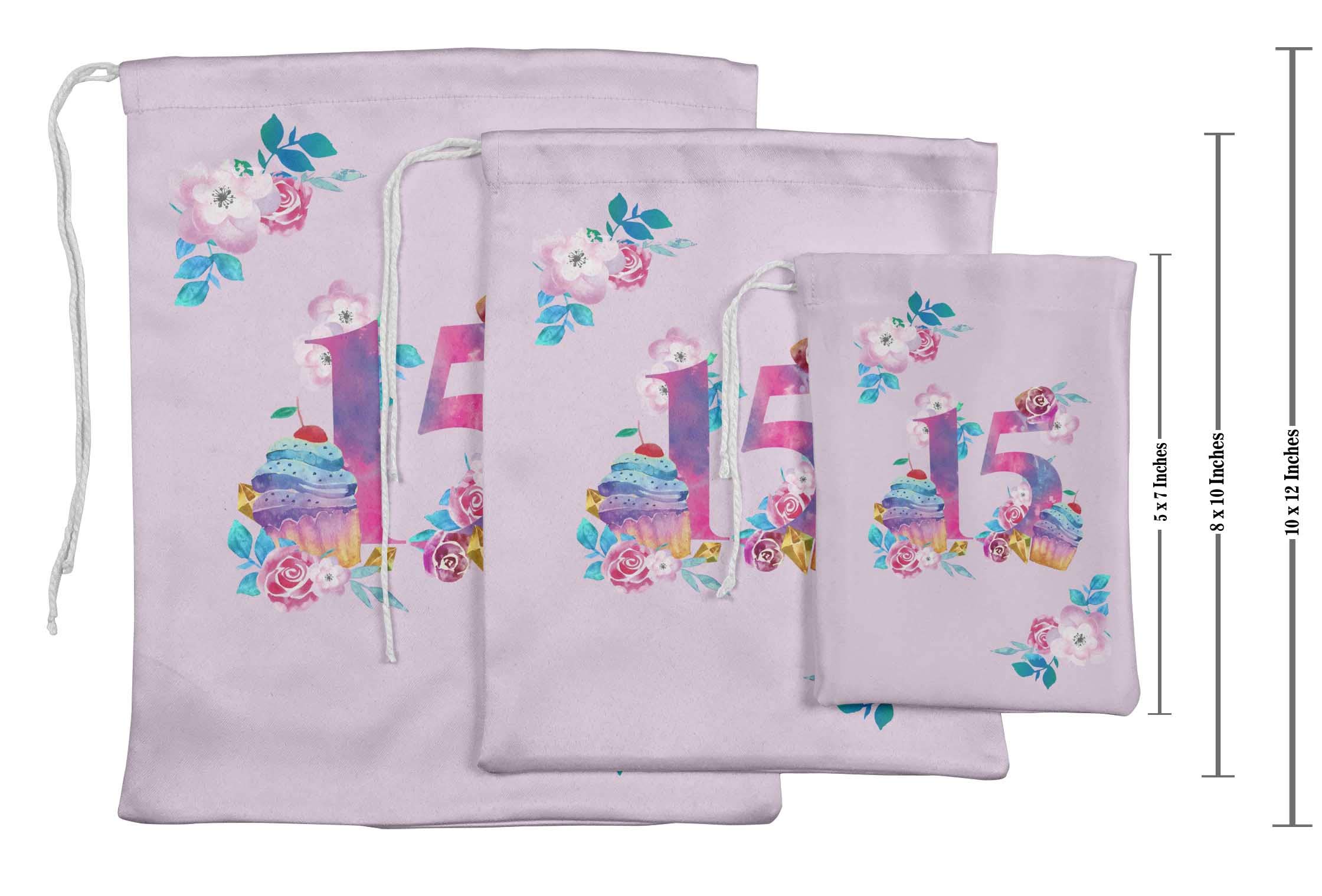 15-Piece Purple Floral Quinceañera Favor Bags | Elegant Party Gift Pouches for Sweet 15 Celebrations, Bridal Showers & Special Occasions