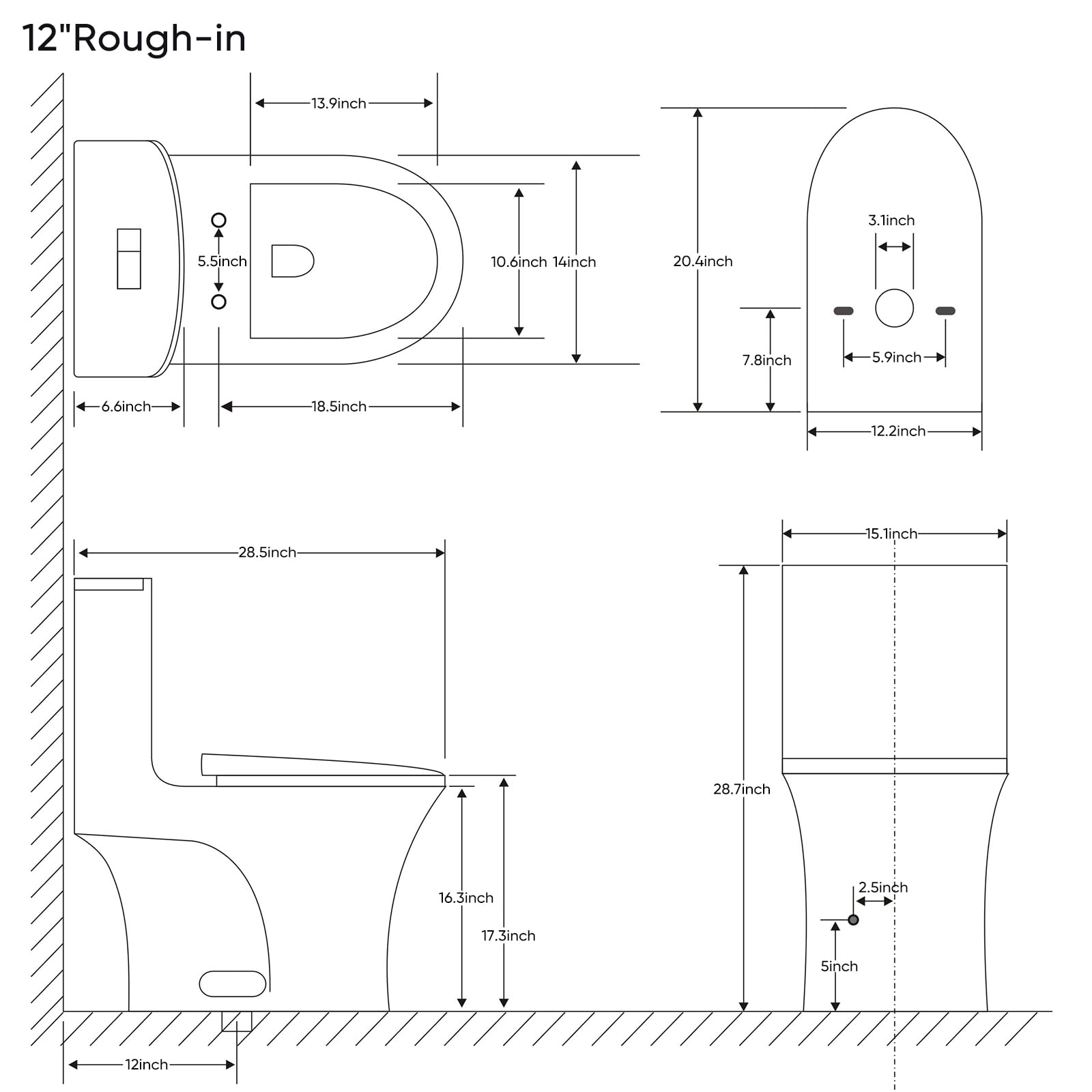 WIIS' IDEA One Piece Dual Flush Toilet - 1.6/1.0 GPF Water Saving, 15.1