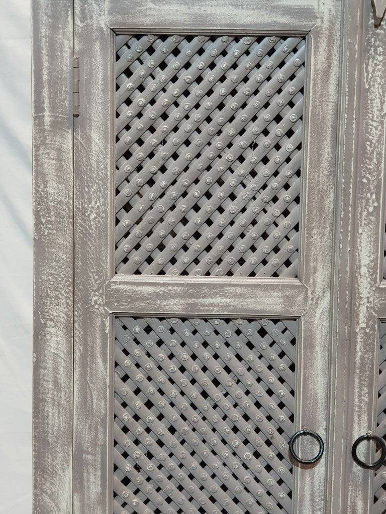 French Style Jali Carved Cabinet Pantry Cupboard - Grey & White Rustic Design (180cm) for Living Room, Dining Room & Kitchen Storage