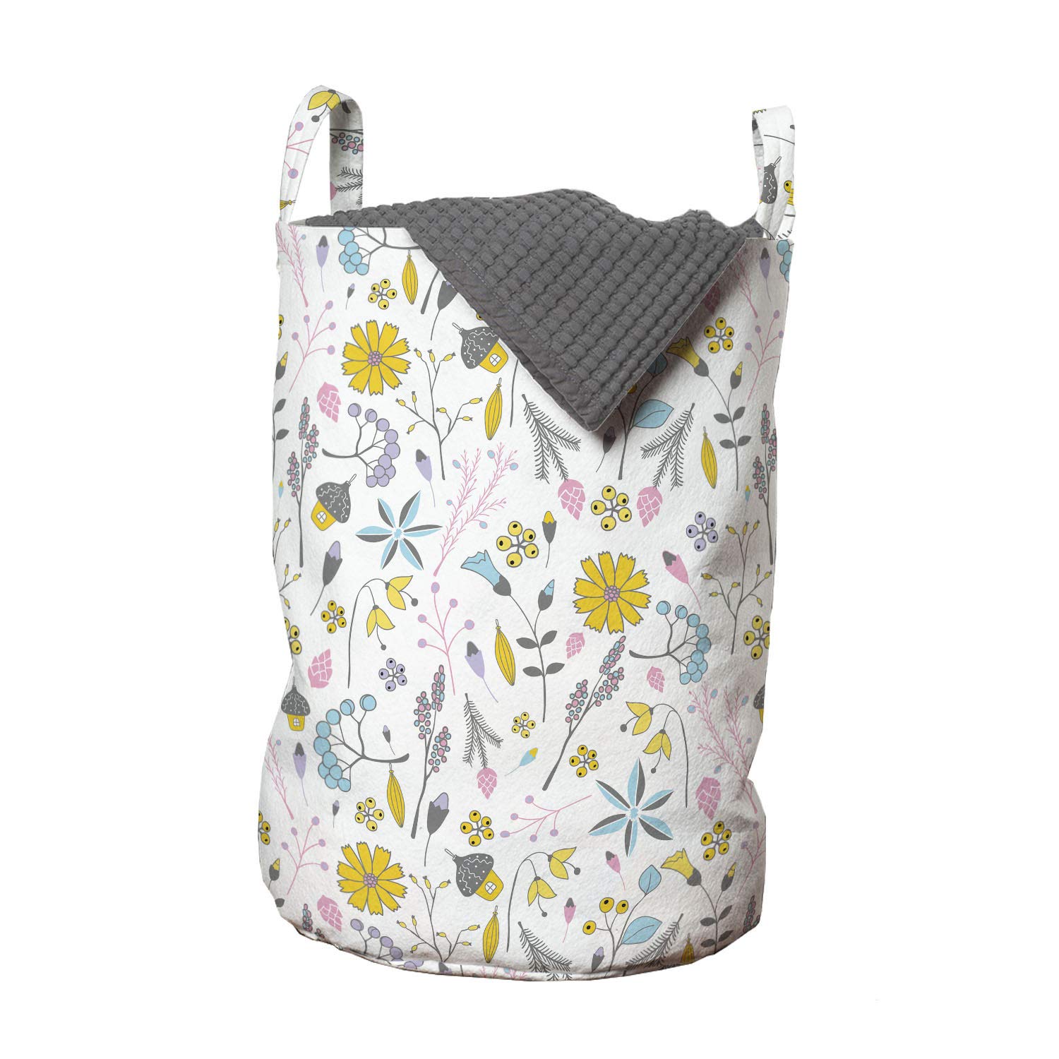 Ambesonne Cartoon Laundry Bag - Spring Floral Doodle Design with Handles & Drawstring Closure, 13x19 Inch Multicolor Hamper for Laundry Room, College Dorm, Travel & Gym Use