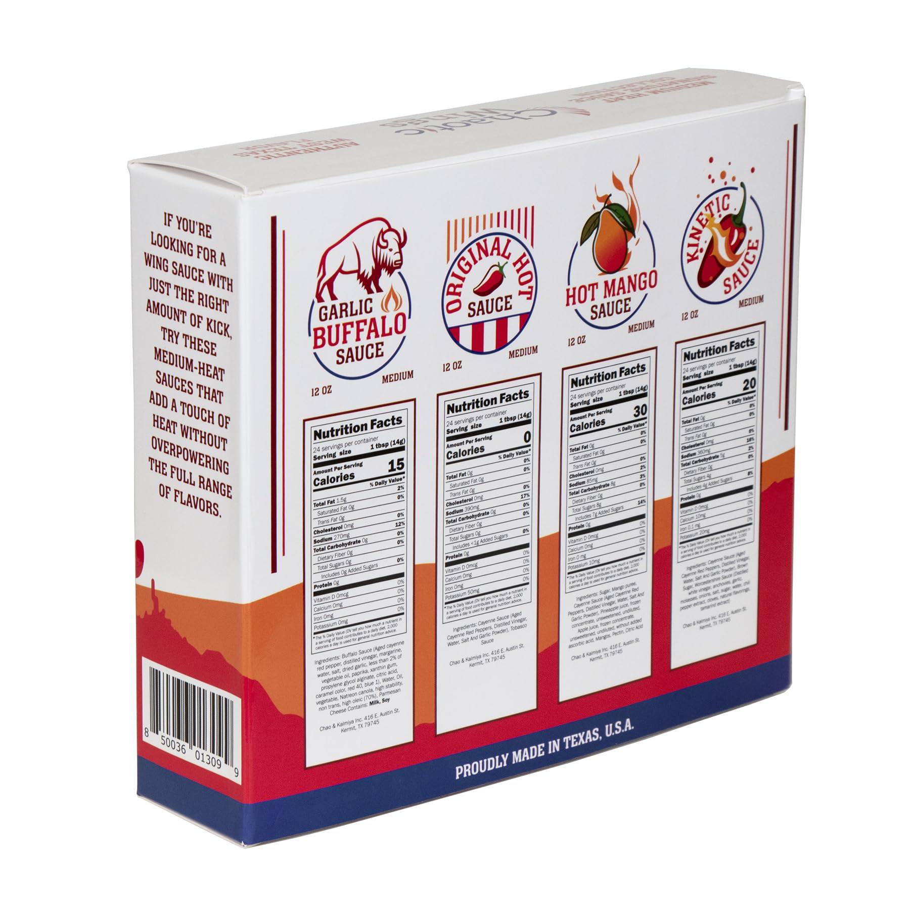Chaotic Sauces - Medium Heat Hot Sauce Variety Pack (4 x 12oz) | Garlic Buffalo, Original Hot, Hot Mango & Kinetic Sauce | Perfect for Wings, Tacos, Burgers & BBQ
