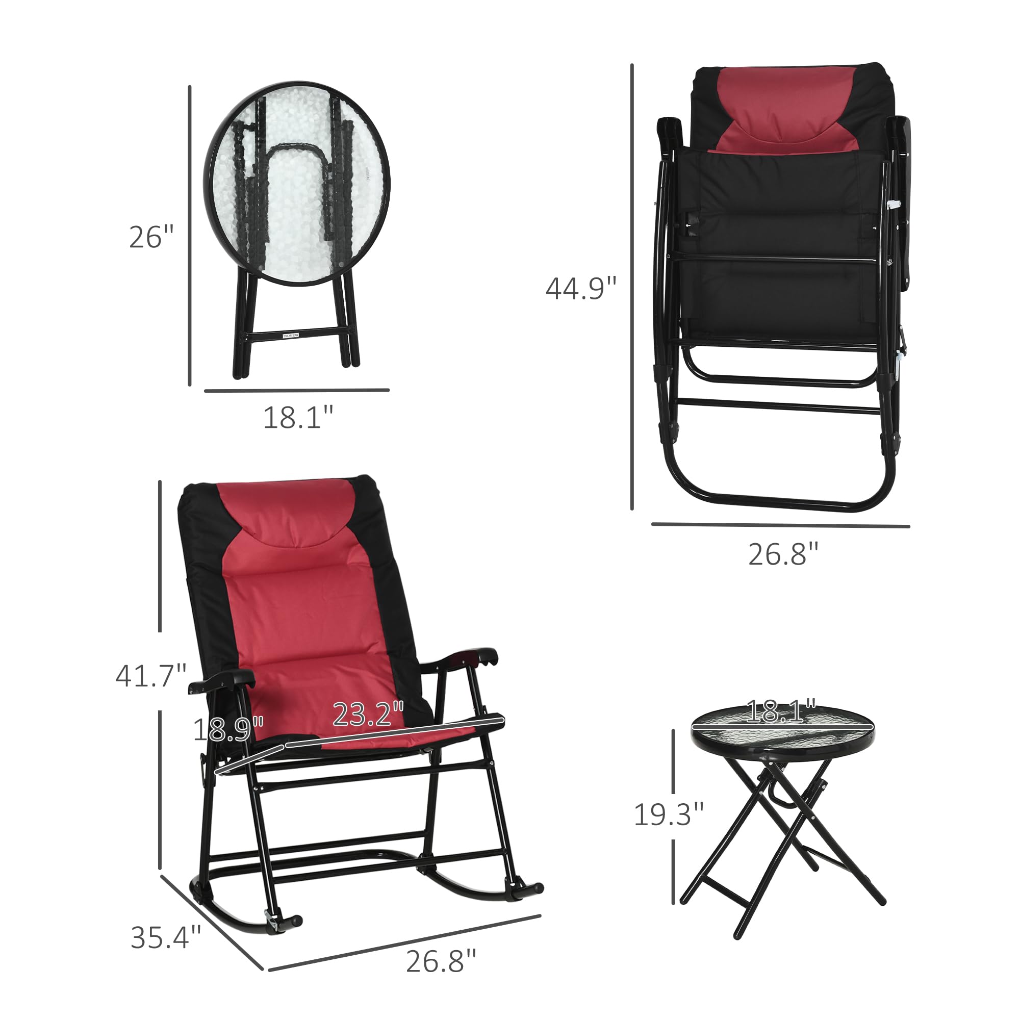 Outsunny 3-Piece Outdoor Patio Furniture Set with Glass Coffee Table & 2 Folding Padded Rocking Chairs - Bistro Style for Porch, Garden, Camping, Balcony (Red) | Perfect for Relaxing, Entertaining Guests & Outdoor Dining