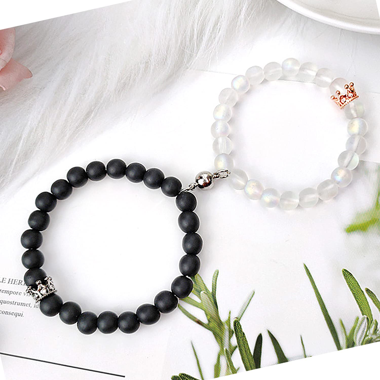LUOKIFUR Magnetic Couples Bracelets Set - King & Queen Crown Matching Bracelets for Men & Women, Romantic Couple Gifts for Anniversary, Valentine's Day, Wedding | Adjustable Beaded Friendship Bracelets for Him & Her