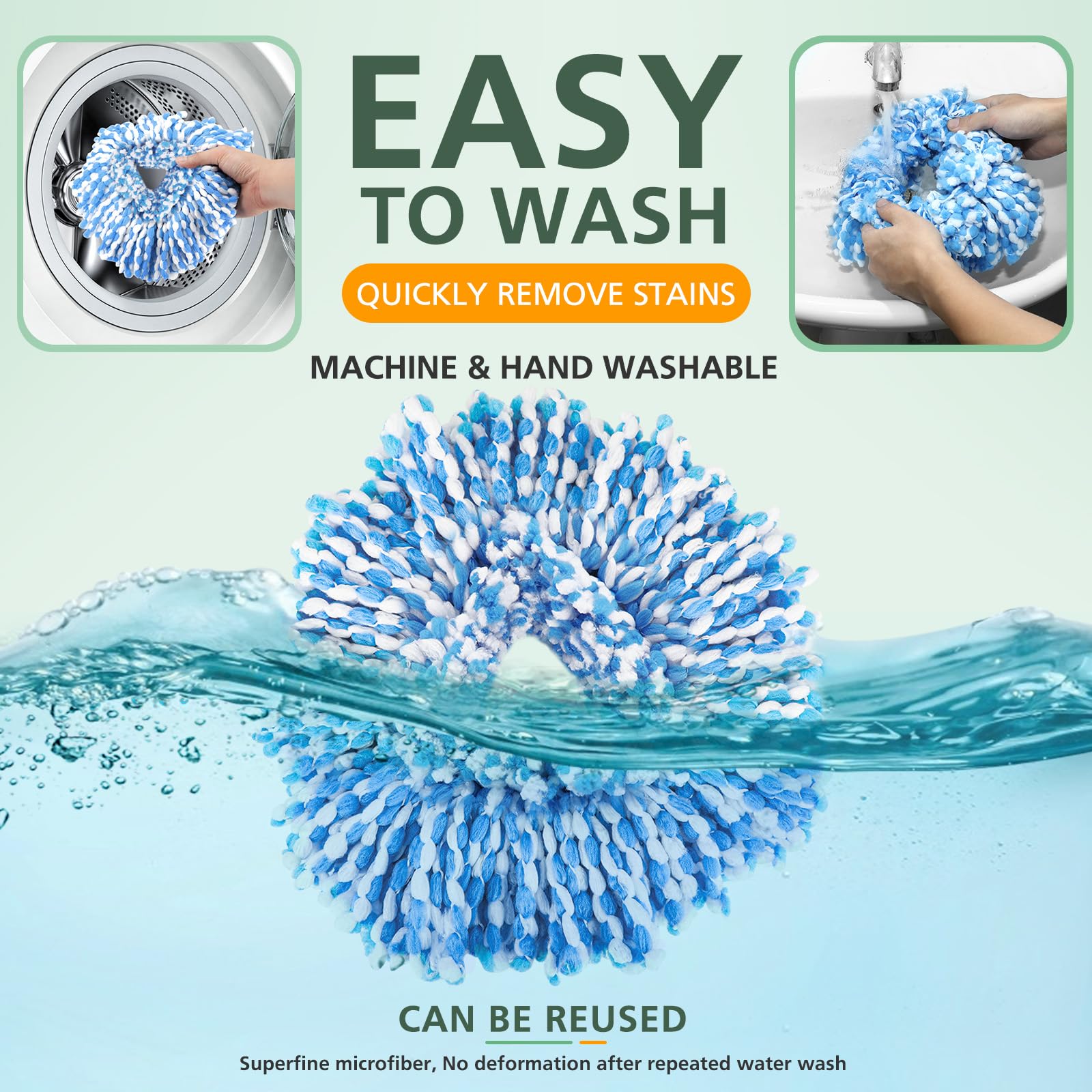 4 Pack Spin Mop Refill Replacement Heads - Compatible with EasyWring 1-Tank System Spinning Mop, Includes 1 Swivel Mop Base - 100% Machine Washable Microfiber for Deep Cleaning (Blue) - Perfect for Hardwood Floors, Tile, and Laminate Surfaces