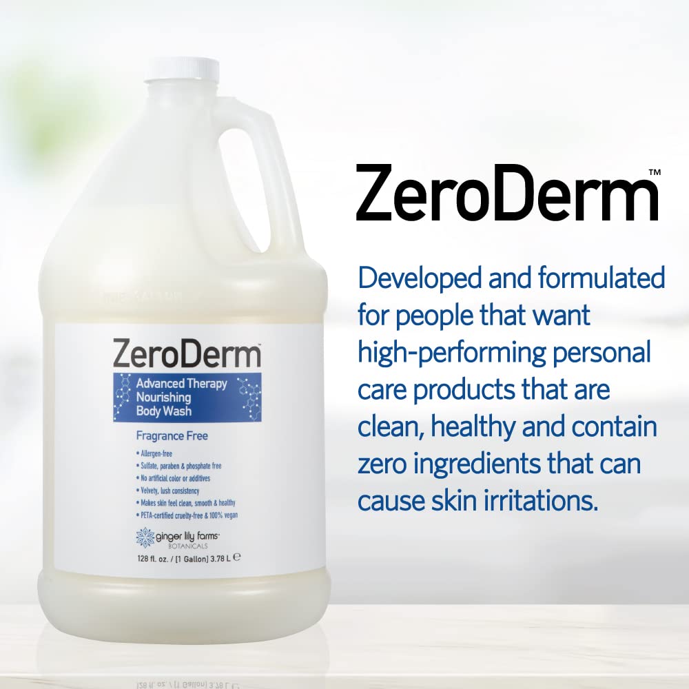 Ginger Lily Farms ZeroDerm Advanced Therapy Nourishing Body Wash - 100% Vegan, Cruelty-Free & Fragrance Free - 1 Gallon Refill (Pack of 4) for Sensitive Skin & Eczema Relief - Ideal for Daily Use, Spas & Healthcare Facilities