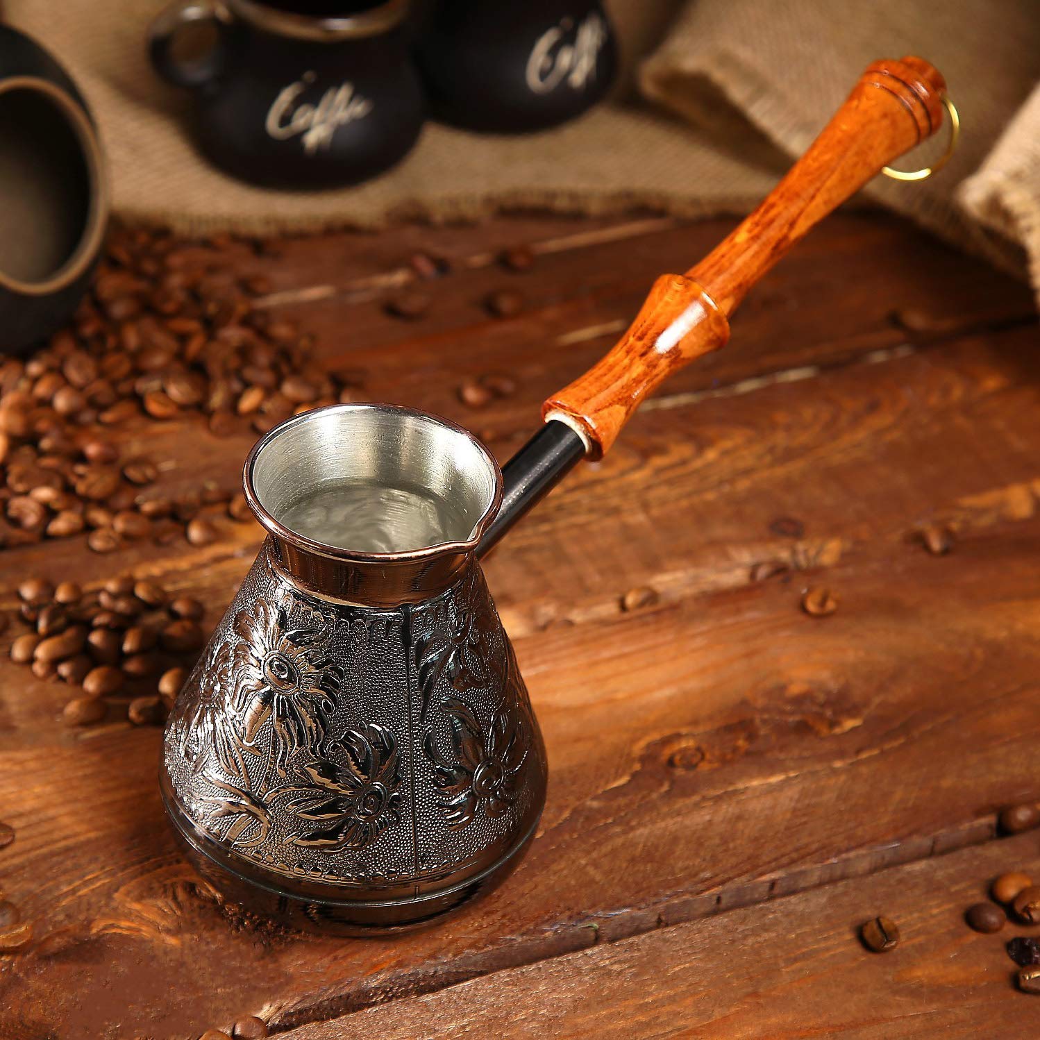 14 Oz Copper Turkish Greek Arabic Engraved Coffee Pot - Stovetop Cezve Ibrik Briki with Wooden Handle - Perfect for Traditional Coffee Brewing at Home or Cafe
