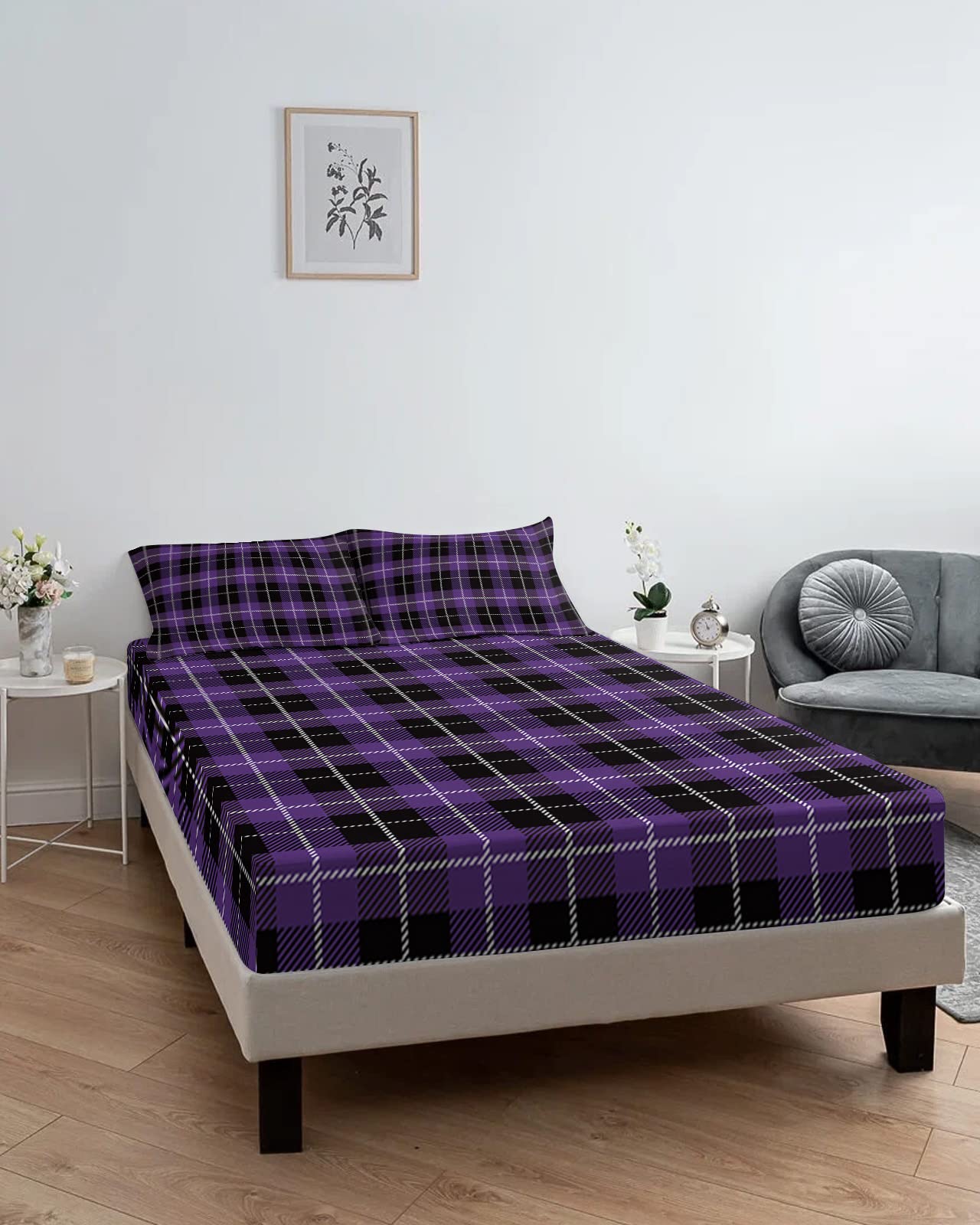 Halloween Black & Purple Buffalo Plaid Fitted Sheet - Full Size Deep Pocket (5-16