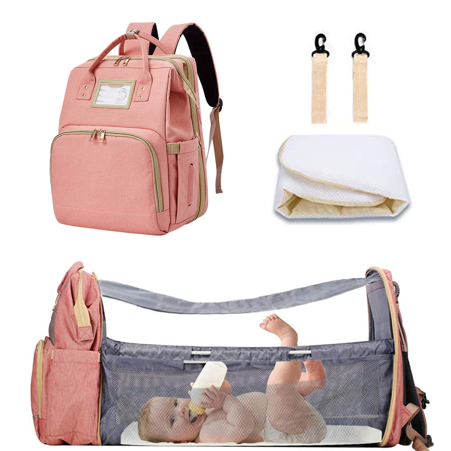 Premium Baby Travel Bassinet Backpack - Portable Diaper Bag with Foldable Crib, Sunshade & USB Charging Port - Ideal for Newborns & Toddlers - Perfect for Travel, Park Outings & Nursery Use (Pink)